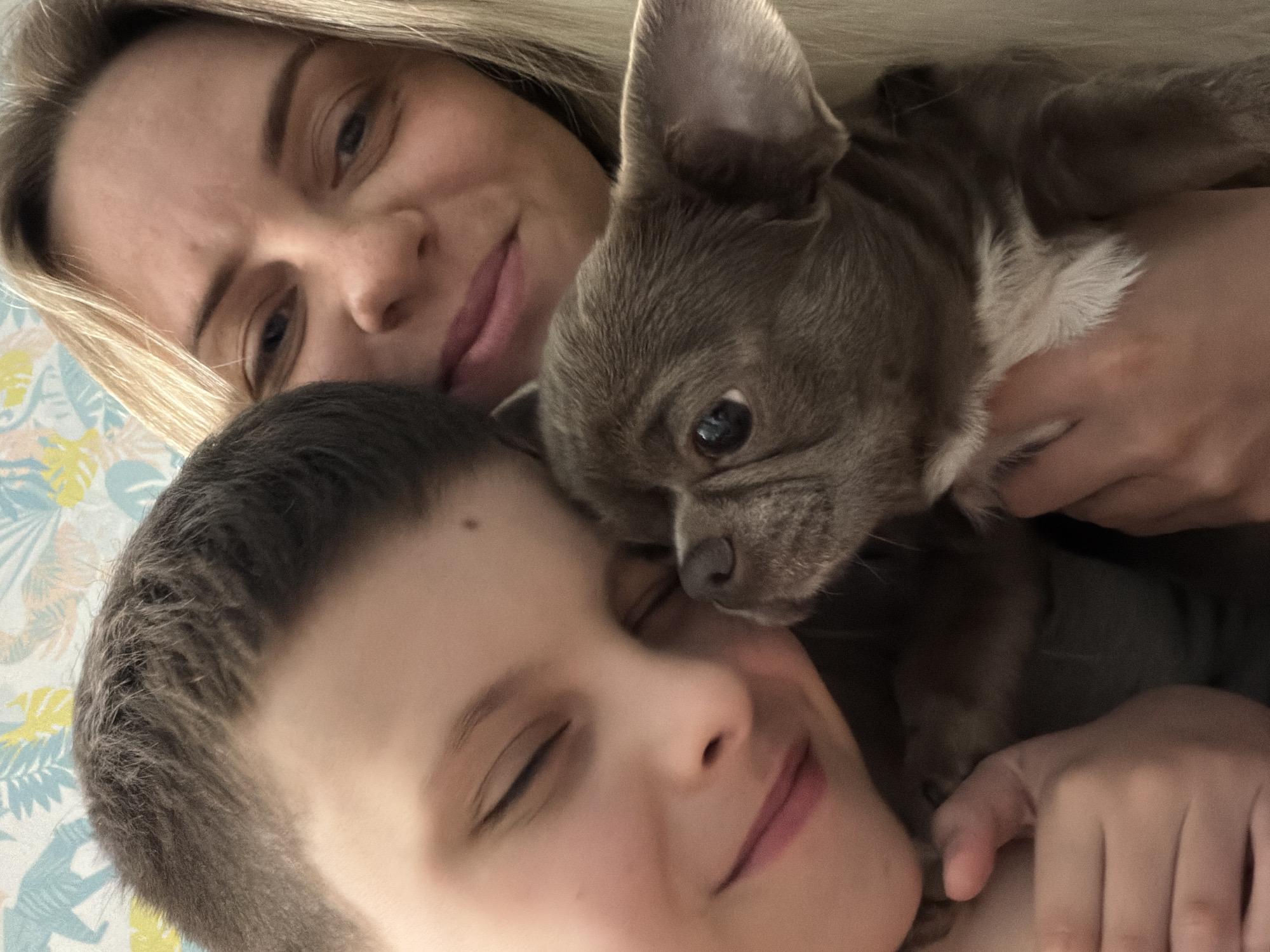 A close-up shot features a woman, a boy, and a French Bulldog puppy. The woman, with blonde hair and fair skin, is positioned at the top of the frame. The boy is below her, his eyes closed and a slight smile on his face. The puppy, grey in color, rests on the boy's face. A hand holds the puppy, suggesting the woman is cradling the animal. A patterned fabric is visible in the background. No details are present to indicate the location is Votkinsk, Russia.