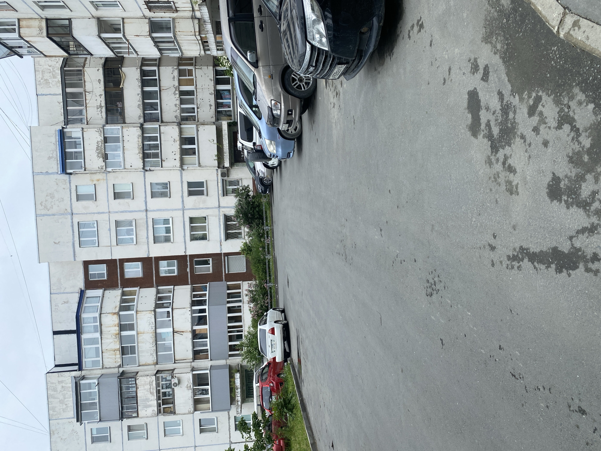 A medium-shot, eye-level outdoor photograph captures a row of parked cars in a paved lot in front of a multi-story apartment building. The building, appearing to be constructed of concrete and brick, features numerous windows and balconies. A white sedan is parked centrally, with a red car to its left. To the right of the white sedan are several vans, including a beige one and a lighter blue one. The pavement is a mix of asphalt and concrete, with some damp patches and oil stains visible. Lush green foliage, including bushes and trees, lines the left side of the lot, and a patch of pink flowers is visible near the right side of the frame, adjacent to the building. The sky is overcast. The scene is located in Yuzhno-Sakhalinsk, Russia.
