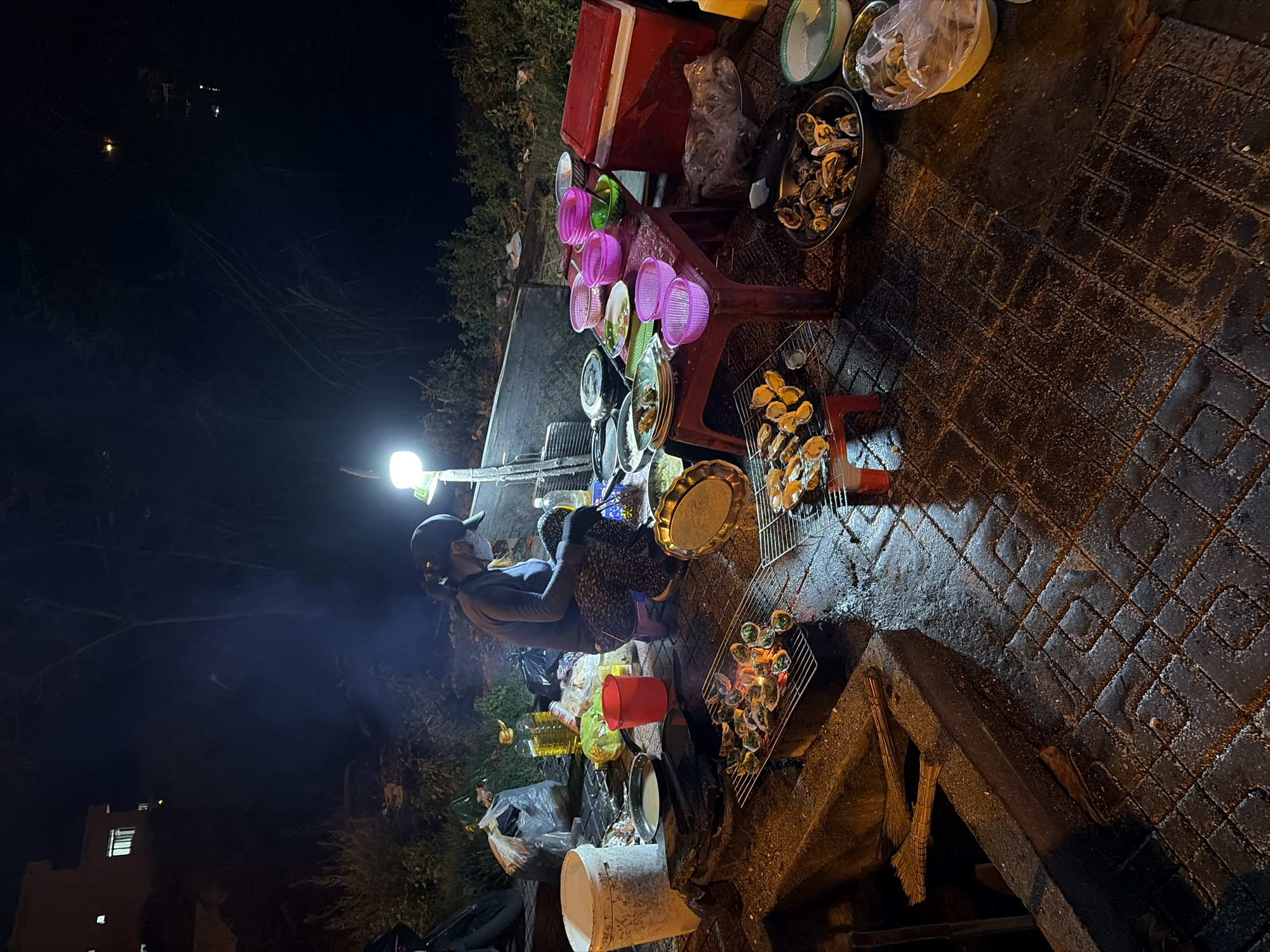 This image depicts a nighttime scene of an outdoor food stall in Bac Nha Trang Ward, Vietnam. A person, wearing a dark long-sleeved shirt, patterned pants, a cap, and a face mask, is seated on a low stool, engaged in preparing food. The stall is set up on a paved area with a textured pattern, which appears wet, reflecting the artificial light.
In the foreground, there are two metal grills over a charcoal brazier. The front grill contains several shells filled with food, some of which are being grilled. The second grill, positioned slightly further back, also holds grilled food. To the right of the grills, a large metal bowl is filled with a collection of shells, likely oysters.
A red plastic table stands to the right of the person, laden with various items. These include several colorful plastic bowls (pink and green), plates with food, and a red cooler. Behind the table, a large red cooler is visible.
Scattered around the stall are various supplies: a large white bucket, a bottle of cooking oil, plastic bags filled with produce, and other containers. A bright LED light is illuminating the preparation area. In the background, there is dense vegetation and the dark silhouette of trees. A building with illuminated windows is visible in the upper left corner. The overall impression is of a humble, operational street food vendor at night.