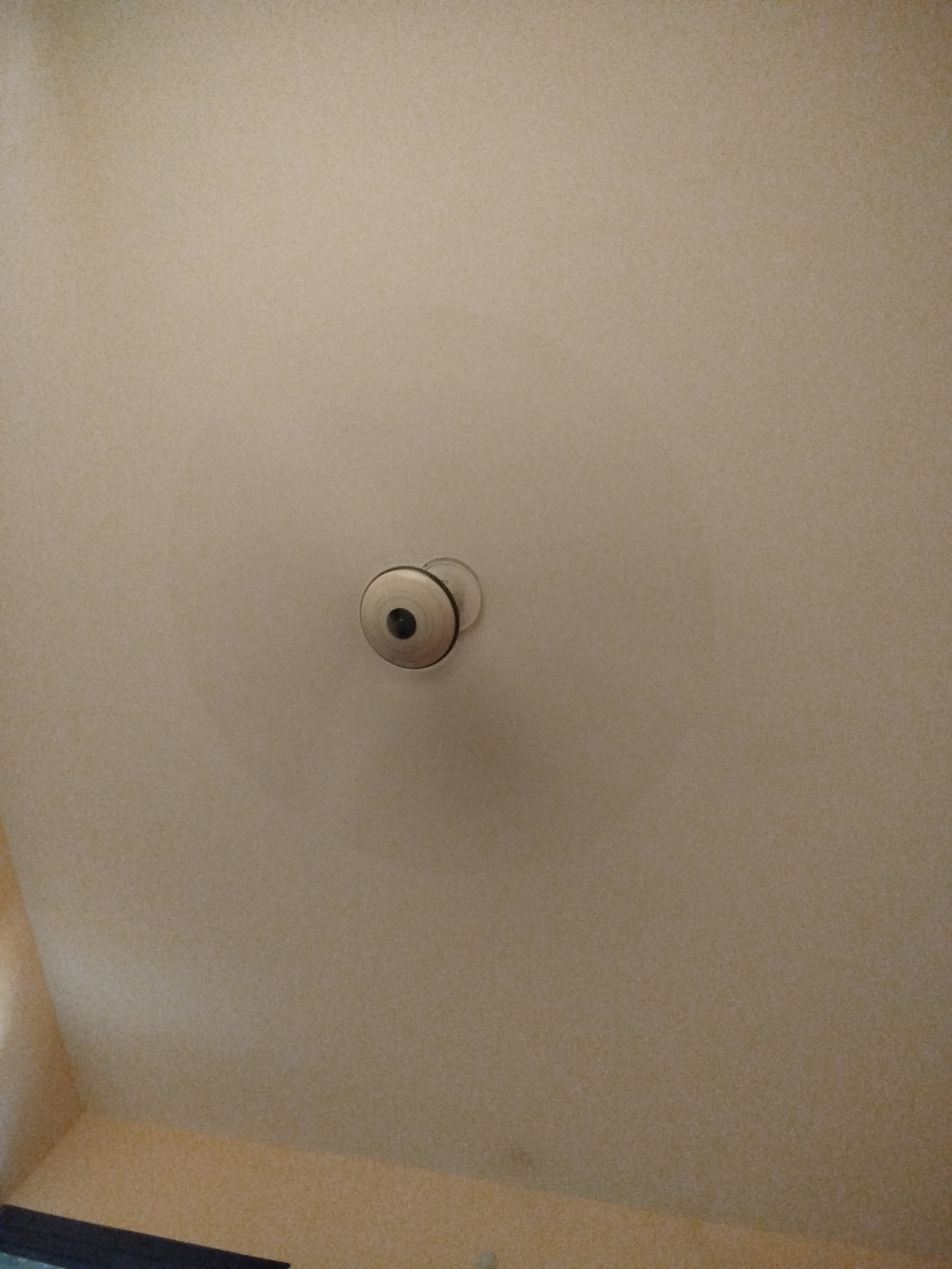 The image shows a close-up of a door knob mounted on a light-colored, textured wall, likely indoors. The door knob is metallic with a dark circular center. The lighting in the scene is even, suggesting an artificial light source. The bottom portion of the image reveals a sliver of a dark horizontal surface, possibly a baseboard or the edge of a floor. There are no people or any other discernible objects in the frame. The scene does not provide any information or context to determine its location within the city of Lassan, Pakistan.