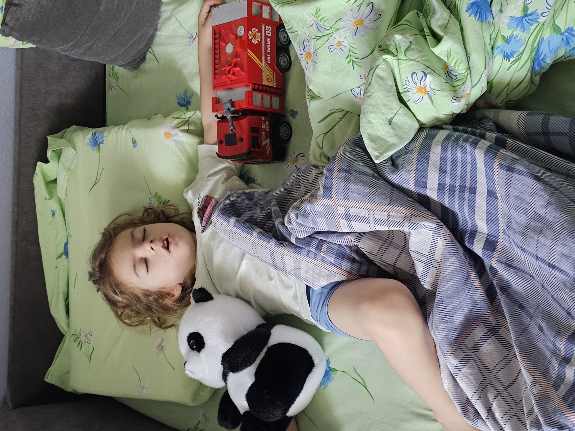 A child lies asleep on a bed with green, floral-patterned sheets in Khimki, Russia. The child has curly brown hair and is wearing a white shirt and blue shorts. They are partially covered by a blue and white plaid blanket. A red toy fire engine rests on the child's arm, and a black and white panda stuffed animal is near their leg. The bed is positioned next to a gray couch.