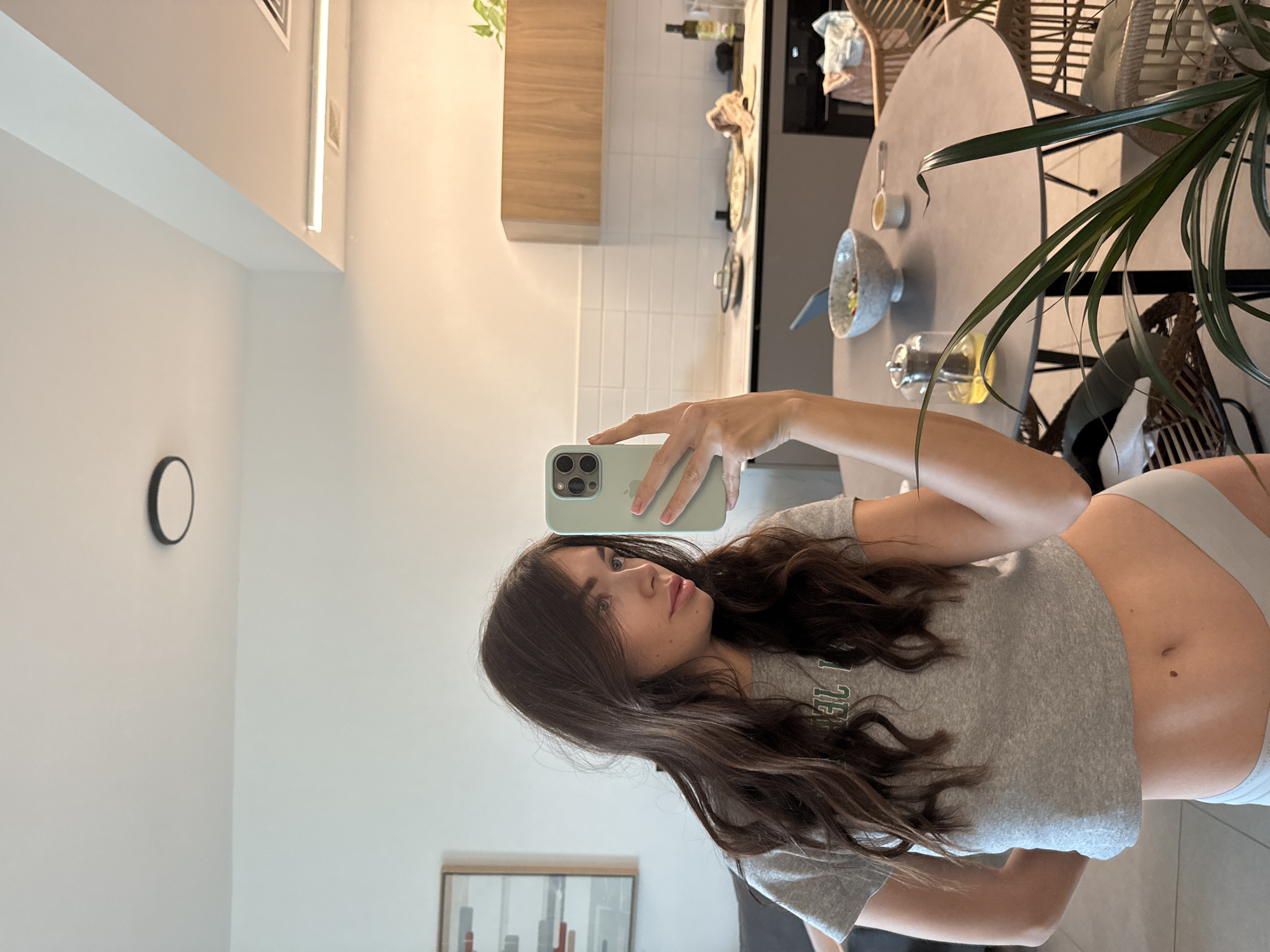 A brunette woman in a gray crop top and gray underwear is holding a phone and taking a selfie. Behind her is a kitchen with a round table, wicker chairs, and a houseplant. A clock is visible on the wall. A piece of art is also visible on the wall. This scene is in Ramat Gan, Israel.