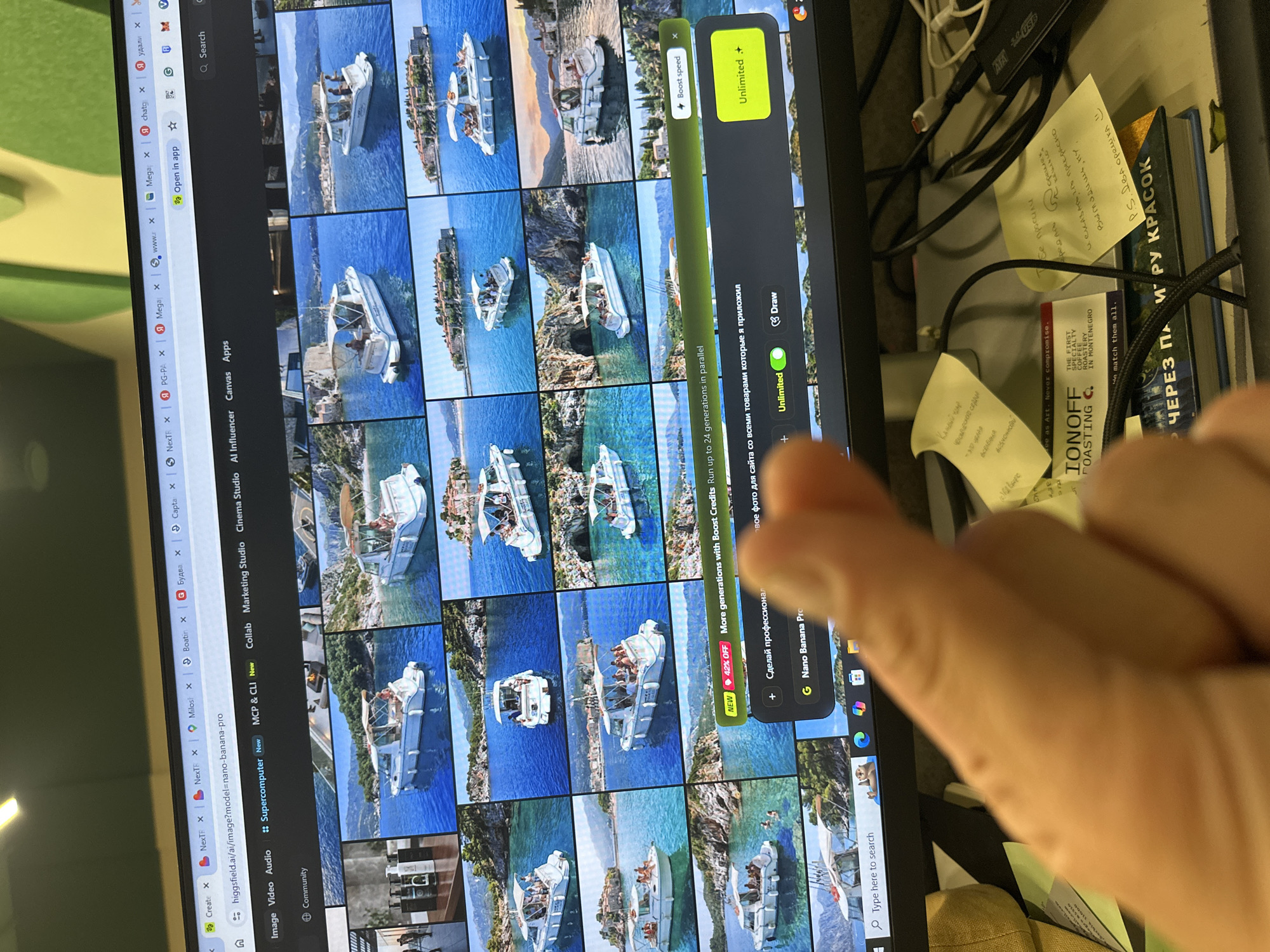 The image shows a computer screen displaying an image generation website called "Higgsfield AI". Multiple boat pictures are shown, possibly results of an image search or a gallery of generated images. The website's interface includes options like "Boost Speed" and "Unlimited". A finger partially obscures the screen, drawing attention to the image of boats and image generation tools.
The tabs at the top of the screen indicate the user is browsing several websites, including "NexT," "Milos," "Boatin" (likely related to boats), "Budva," "Capta," "Mega," "Canvas," and "Al Influencer."
To the right of the screen, various items are piled: a USB drive, cables, sticky notes with handwritten text, and a book titled "ЧЕРЕЗ ПА И РУ КРАСОК". A coffee roasting company's business card with the name "IONOFF ROASTING" is also visible, indicating the roastery is located in Montenegro. The sticky notes contain various messages in a language that is possibly Russian. Overall, the scene suggests someone is working on image generation, researching boat-related information, and may have connections to the city of Budva, Montenegro.