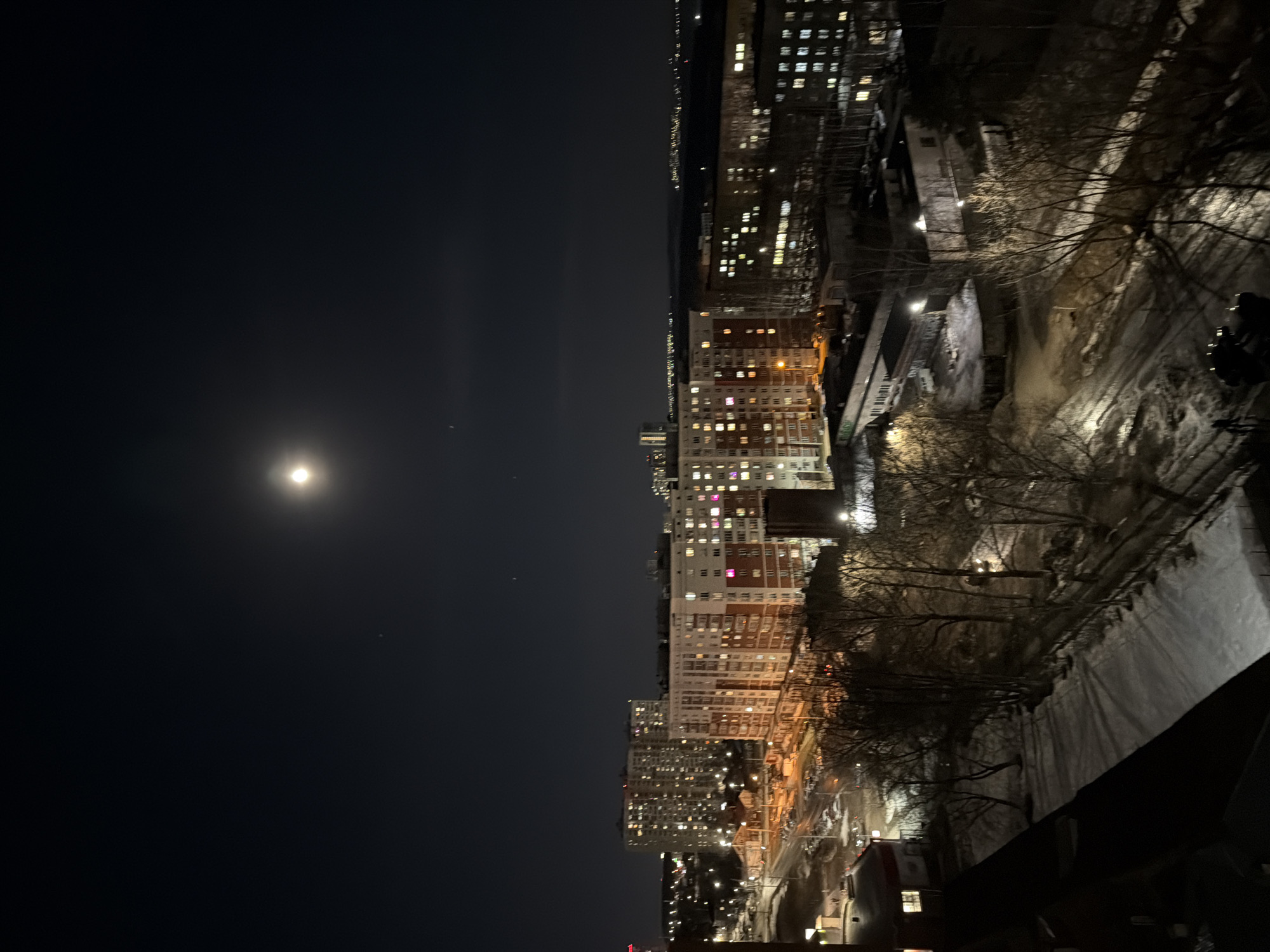 The image shows a night view over the city of Izhevsk, Russia. The sky is dark with a bright moon. Buildings with illuminated windows fill the skyline. A snowy landscape, including a street and park areas, are visible below. Leafless trees line the streets and park paths. The photo is taken from an elevated position, possibly a balcony or high-rise building.
