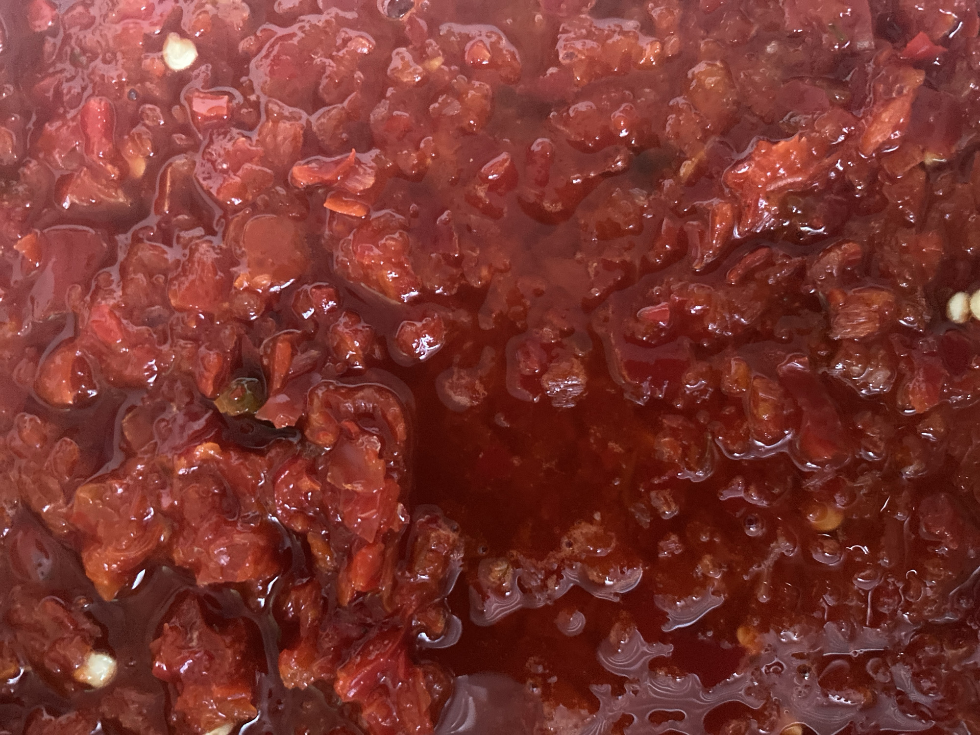 The image displays a close-up, overhead view of a chunky, bright red sauce or relish. The texture is rough and viscous, with visible pieces of what appear to be chopped tomatoes or peppers suspended in a glossy, reddish liquid. Some white specks, possibly garlic or seeds, are scattered throughout the mixture. The lighting is overhead, causing reflections and highlights on the surface of the liquid, suggesting it is a wet preparation, possibly being cooked or freshly made. There is no discernible background or environmental context in the image, and no people or animals are present. The scene is devoid of any specific location markers that would indicate it is in Александровка, Russia.