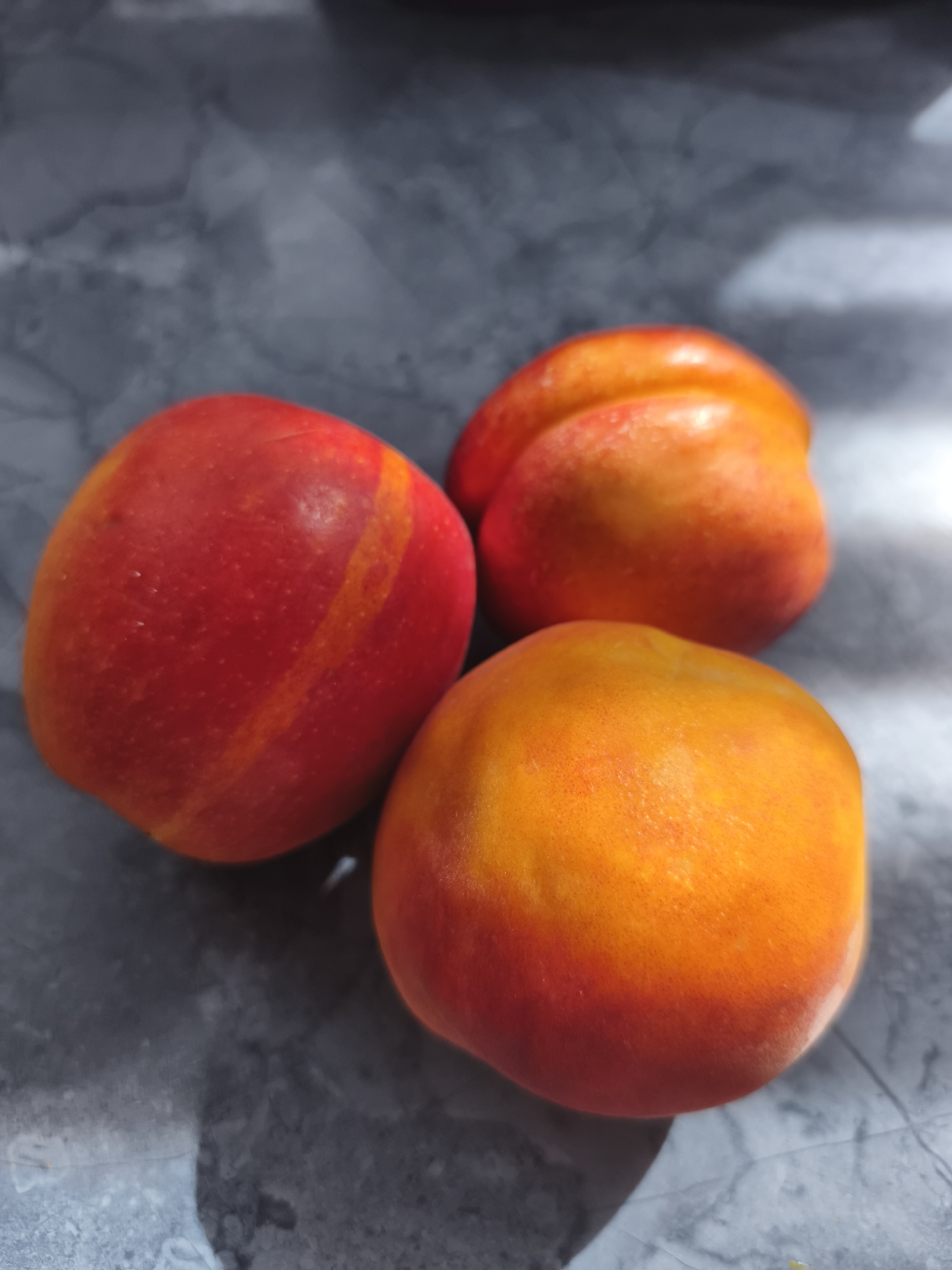 Three nectarines are arranged on a dark, mottled surface. The nectarines vary in color from bright red to deep orange, with some showing streaks of yellow. One nectarine is in the foreground, positioned to the right and slightly lower than the other two. To the left and slightly behind it is another nectarine, predominantly red with an orange stripe. The third nectarine is in the upper right portion of the image, appearing more orange and rounded. The background surface has a marble-like texture with areas of shadow and light, suggesting natural light is falling on the scene from the upper right. There are no people or any indication of the city of Tiraspol City Council, Moldova in this image.