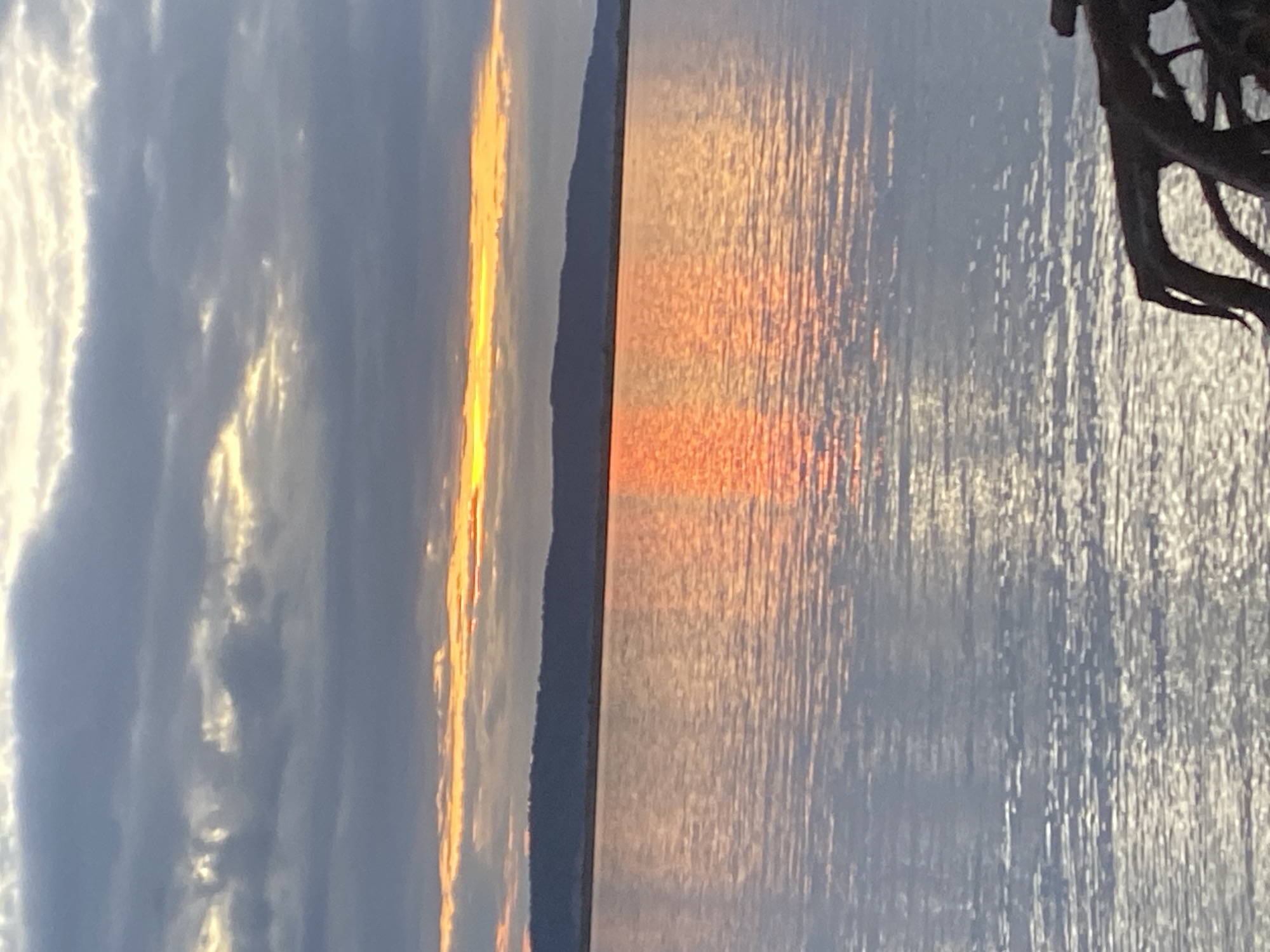 The image shows a body of water reflecting the sunset. The sky is filled with clouds, with a bright band of orange and yellow light near the horizon. A dark silhouette of land is visible in the distance. In the foreground, a few dark, gnarled branches are visible on the right side of the frame, partially submerged in the water. The water is calm with gentle ripples, and the reflection of the sunset creates a shimmering path of orange light across its surface. The overall scene evokes a peaceful and serene atmosphere. This scene is likely the Kama River in Chaikovsky, Russia, a common location for such sunset views.