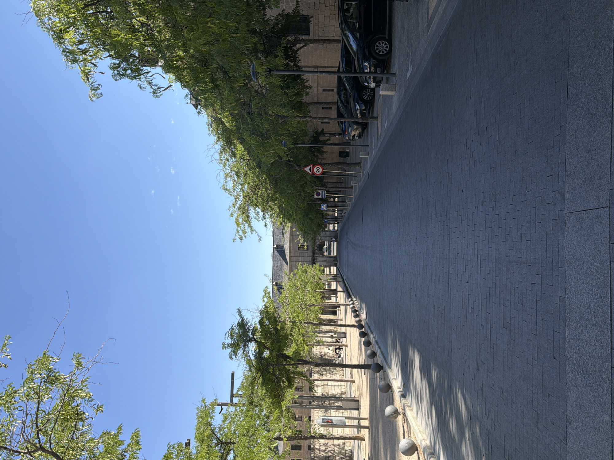 The image depicts a wide, paved street in the city of San Lorenzo de El Escorial, Spain, lined with trees on both sides and flanked by stone buildings. The street is paved with cobblestones, and a row of spherical bollards separates the sidewalk from the road on the left. On the right, cars are parked along the street. The buildings appear to be constructed of stone and have a historical architectural style, with arched doorways visible in the distance. The sky is clear and blue, indicating a sunny day. Several trees with green foliage are planted along the sidewalk, casting shadows on the street. There are a few people visible in the distance, sitting on a bench and walking. Traffic signs, including a speed limit sign indicating "20," are present along the street. The overall scene suggests a quiet and well-maintained urban environment, likely a public square or a street leading to a significant historical site.