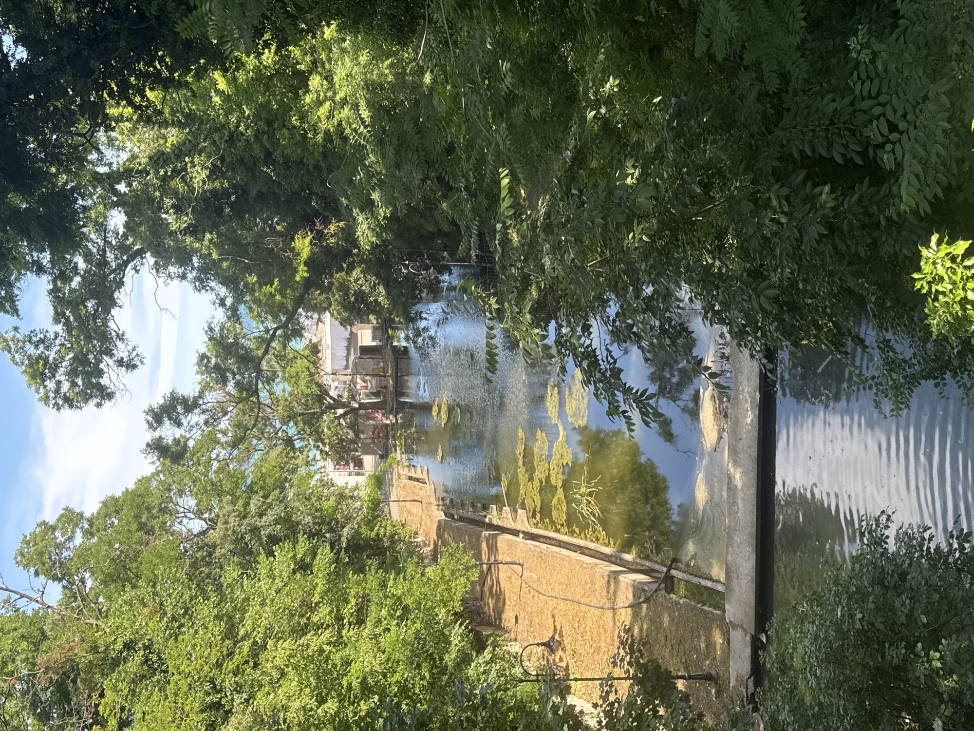 The media file is a photograph, taken from a high vantage point, overlooking a canal or river. Lush green trees with dense foliage dominate the foreground and frame the scene. Sunlight filters through the leaves, creating dappled light on the water and surrounding area.
The canal itself is a prominent subject, with its surface reflecting the blue sky and the greenery. Patches of aquatic vegetation, appearing as yellow-green mats, float on the water. Along the left bank of the canal, a stone walkway or embankment is visible. This embankment has decorative crenellations along its top edge. Several lampposts with dark, curved arms are affixed to this structure.
Further along the canal, there are buildings visible on the left side. These appear to be of moderate size and have a light-colored facade. Some boats are moored near these buildings, suggesting a port or marina area. The overall scene conveys a sense of tranquility and natural beauty, possibly a park or a recreational area.
The time of day appears to be daylight, likely late morning or early afternoon, given the brightness and the quality of the shadows. The weather seems to be pleasant and sunny. There are no people clearly visible in the frame. The location cues, such as the architectural style of the embankment and buildings, combined with the provided location context of Varna, Bulgaria, suggest this is a scenic spot within the city. There is no visible text in the image.