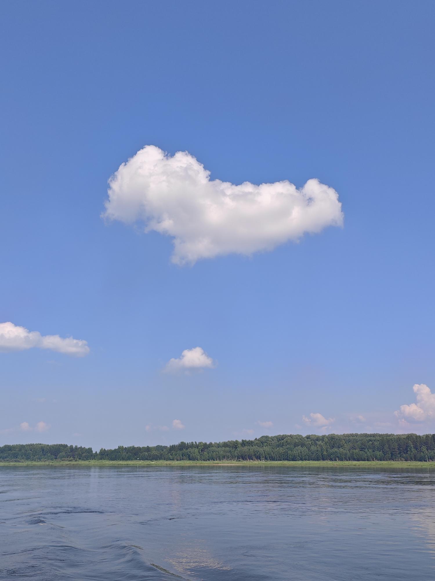 A bright, clear blue sky dominates the upper portion of the image, with a large, fluffy white cumulus cloud centrally placed. Two smaller clouds are visible in the distance. The lower half of the image depicts a wide, calm river with gentle ripples on its surface, reflecting the sky. Along the far bank of the river, a dense line of green trees forms a treeline, suggesting a natural, undeveloped landscape. The overall impression is one of a peaceful summer day in a rural or natural setting. The location is identified as Pogodaevo, Russia.