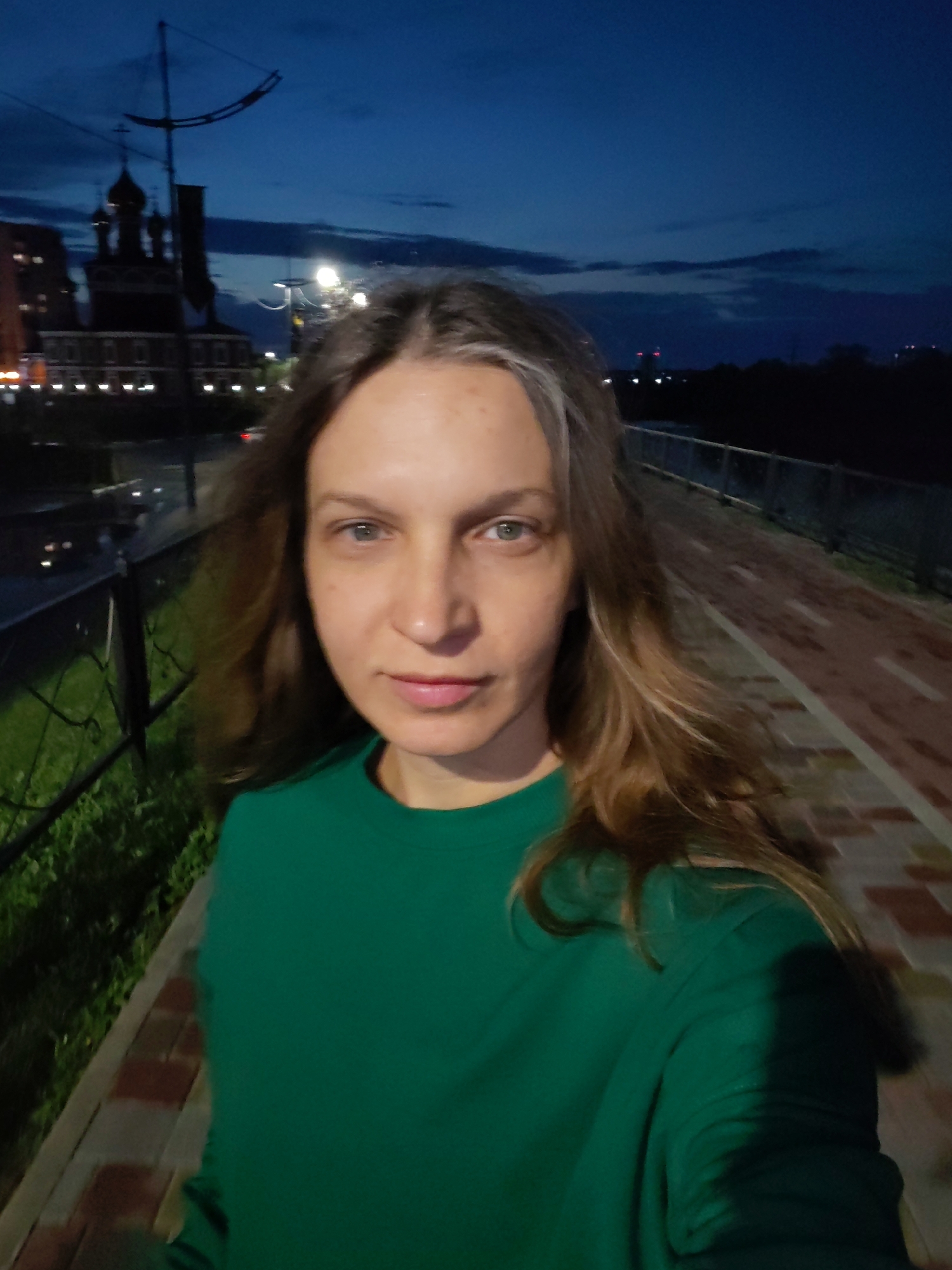 A medium shot, eye-level, selfie of a woman with shoulder-length, wavy brown hair, and light skin. She is wearing a green crew-neck t-shirt. Her eyes are light green. The background is a city street at dusk with streetlights and a building with domes and lights visible. The sky is dark blue with some clouds. There is a fence to the left of the woman with grass behind it, and a paved walkway to the right. The image is slightly blurry.