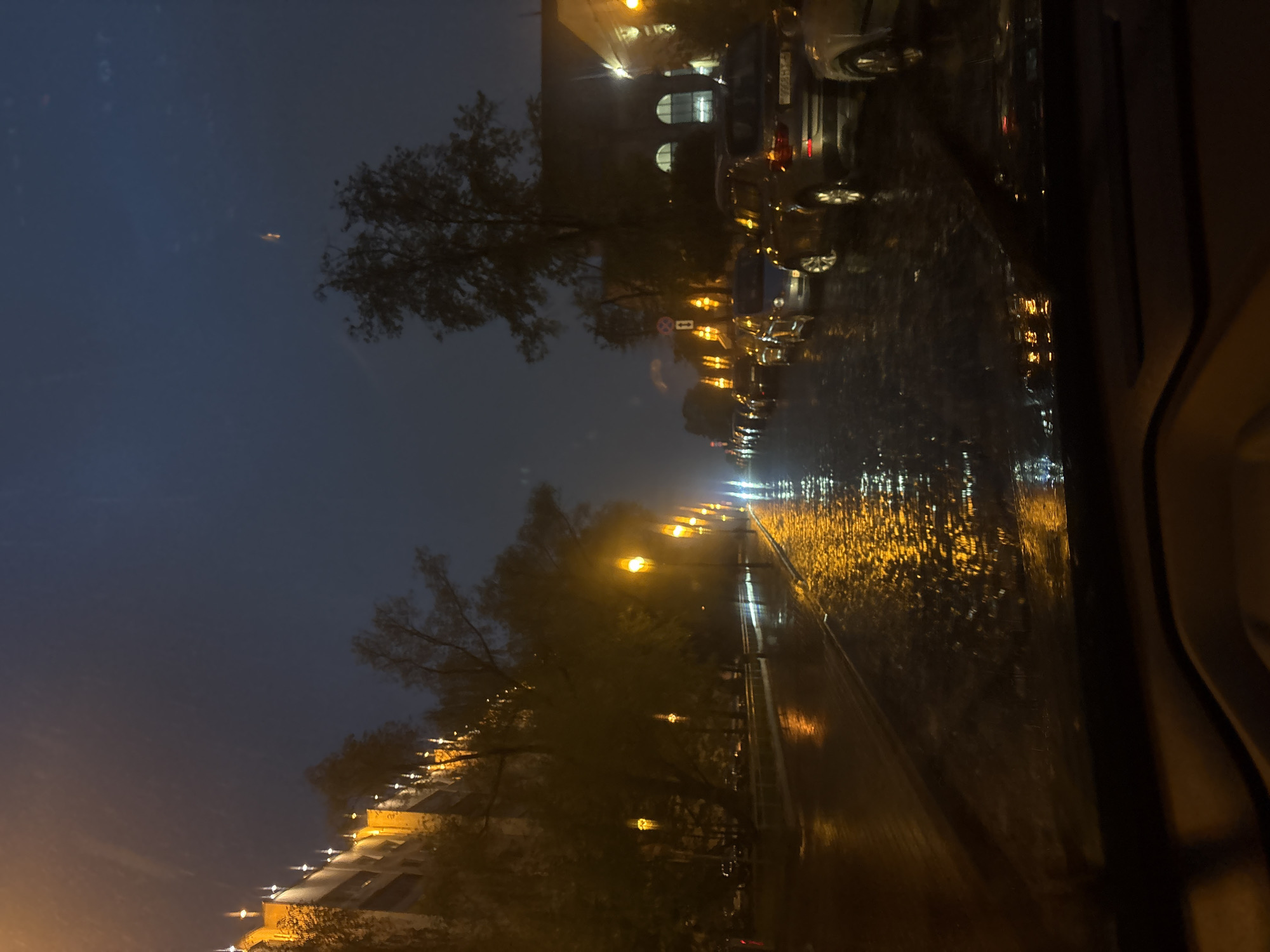 The image shows a night scene in Minsk, Belarus, likely during or after a rain shower. The view is from inside a vehicle, possibly a car. On the right, the vehicle’s interior is visible. The street is wet, reflecting the light from street lamps and building lights. Several cars are parked on the side of the road. Buildings line the street, with lights illuminating their facades. The sky is dark. Trees are visible along the street. The overall atmosphere is dark and wet, with a focus on the reflection of lights on the wet pavement.