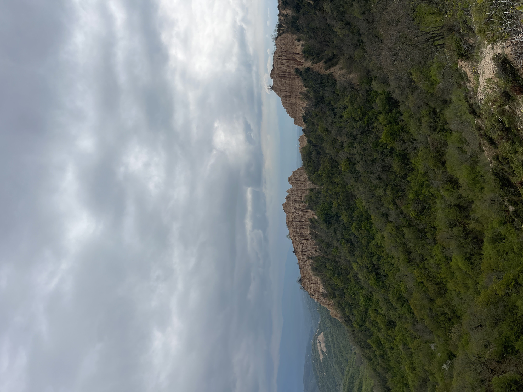 The image captures a landscape near Rozhen, Bulgaria. A rock formation with sharp peaks borders a green, tree-covered hillside. Above this formation, the sky is filled with grey clouds. The overall scene suggests a natural, elevated viewpoint, emphasizing the unique terrain and cloudy weather.