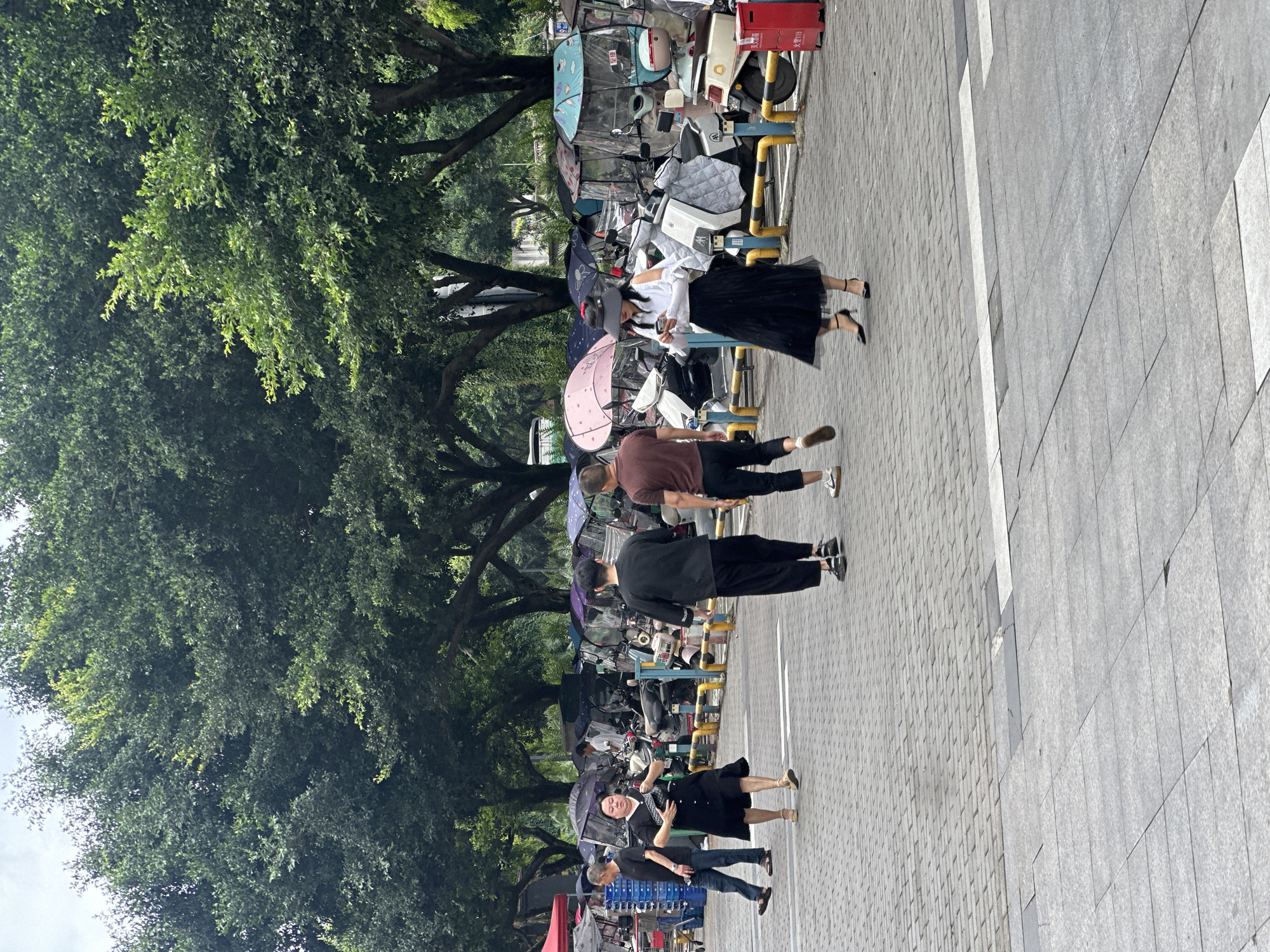 The image depicts a pedestrian street scene in the Chongqing High-tech Zone, China. The street is paved with grey stone, transitioning from smaller blocks to larger slabs. A row of lush, green trees lines the left side of the frame. Several people are walking on the street, including one individual holding a pink umbrella. Parked electric scooters and bicycles, some covered with umbrellas, occupy the space adjacent to the trees. A red fire extinguisher box is visible among the vehicles.