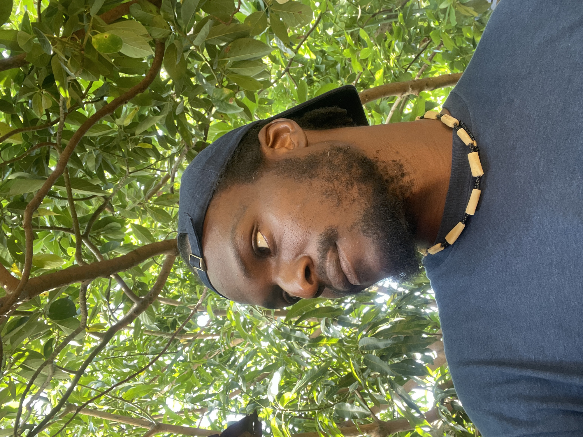 The image is a low-angle, portrait-oriented shot of a young Black man looking downwards and slightly to his right, set against a vibrant background of lush green foliage and tree branches. The man, visible from the mid-chest up, has a dark beard and mustache. He is wearing a dark blue t-shirt and a dark blue baseball cap worn backward. Around his neck is a distinctive beaded necklace featuring light-colored, cylindrical beads alternating with smaller black and gold beads.
Bright natural sunlight filters through the dense canopy of leaves, creating dappled light and shadows, which indicates an outdoor setting during daytime, likely late morning or early afternoon, with clear weather. The abundant green leaves and tree structures suggest a natural, possibly tropical environment. The man's expression is calm and neutral, appearing contemplative as he looks away from the camera. The scene takes place in Jos, Nigeria, emphasizing the natural outdoor context. No text is visible in the image.