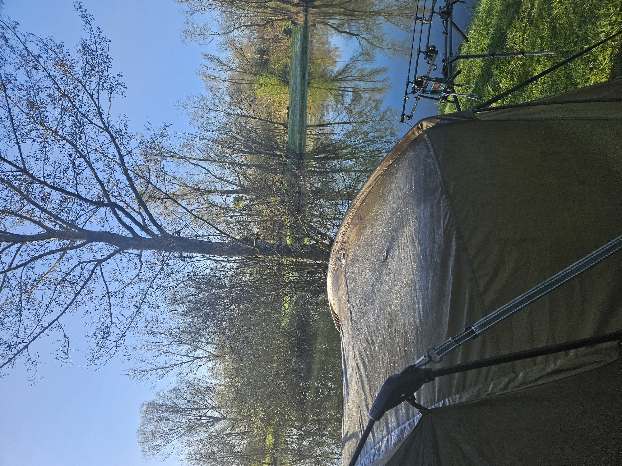 The image depicts a waterside scene, possibly near Gavisse, France, characterized by a tent pitched near a body of water reflecting trees and the sky. Bare trees are visible, with their reflections mirrored in the water. Fishing rods are set up on the water's edge, suggesting an angling activity. The tent is the primary structure in the foreground.