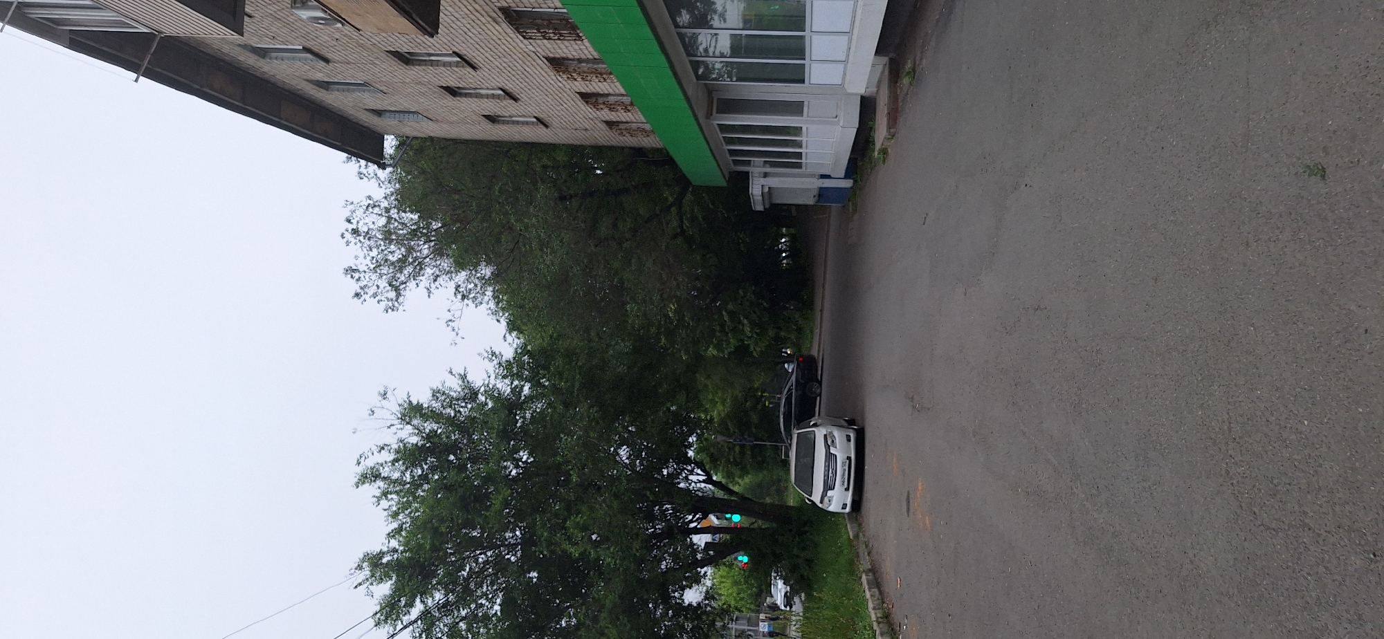 The image depicts a street scene in Nakhodka, Russia. A light-colored sedan is parked on the right side of the asphalt road, near a curb. To the left of the sedan, a traffic light with a green signal is visible. Beyond the sedan, a dark-colored car is parked further down the street. The road is flanked by lush green trees on the left and a brick building with white-framed windows and a green awning on the right. The sky is overcast.