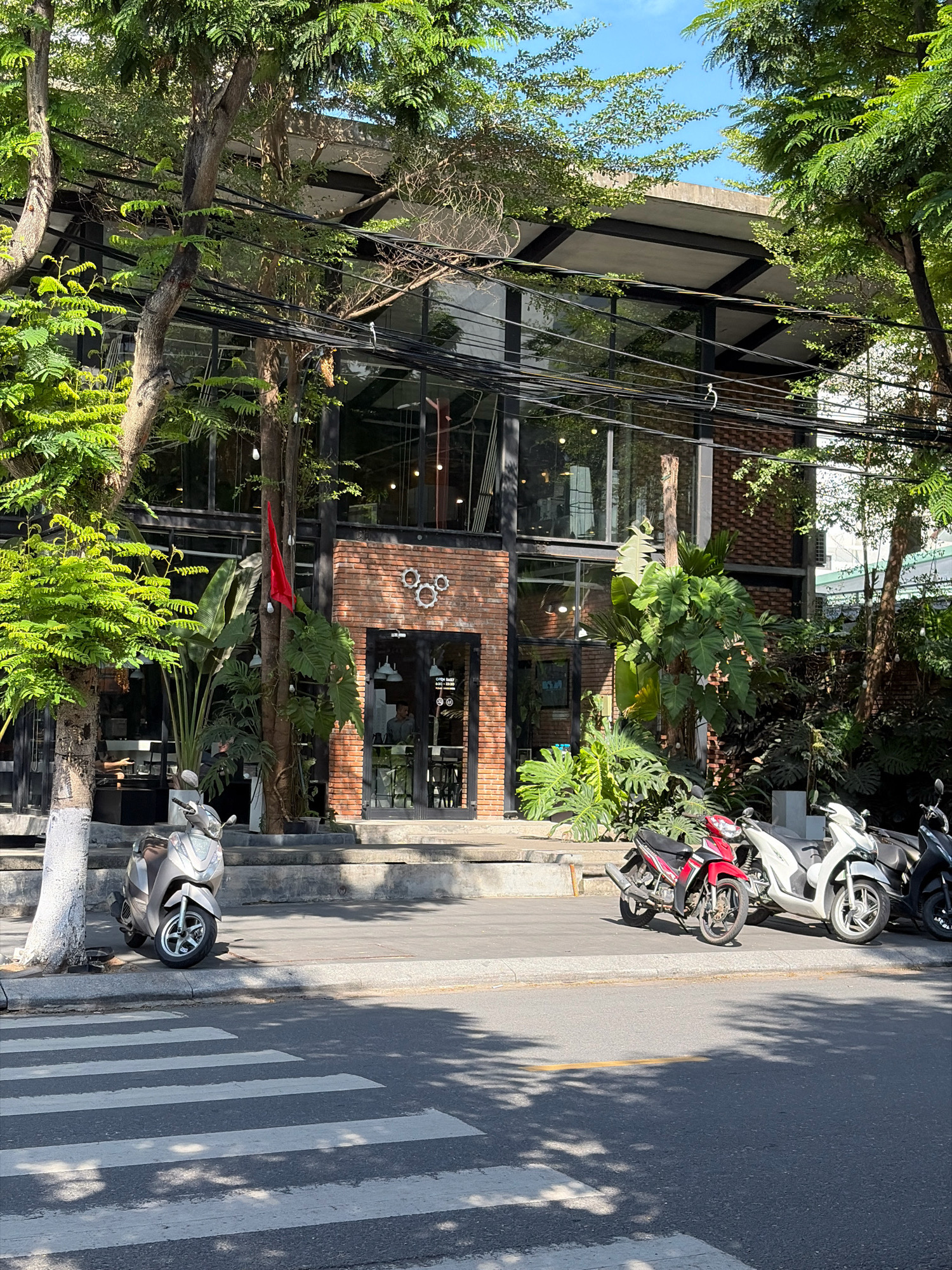 This is a street-level, eye-level, medium shot of a modern building in Da Nang, Vietnam. The building features a large glass facade, exposed black metal beams, and brick accents. In front of the building, lush green trees and plants are abundant, with some branches reaching over the sidewalk and obscuring parts of the building. A red flag is visible hanging from a tree in front of the building. Several motorcycles are parked on the sidewalk. A crosswalk is in the foreground, with shadows from trees cast upon it. The sky is clear and blue.