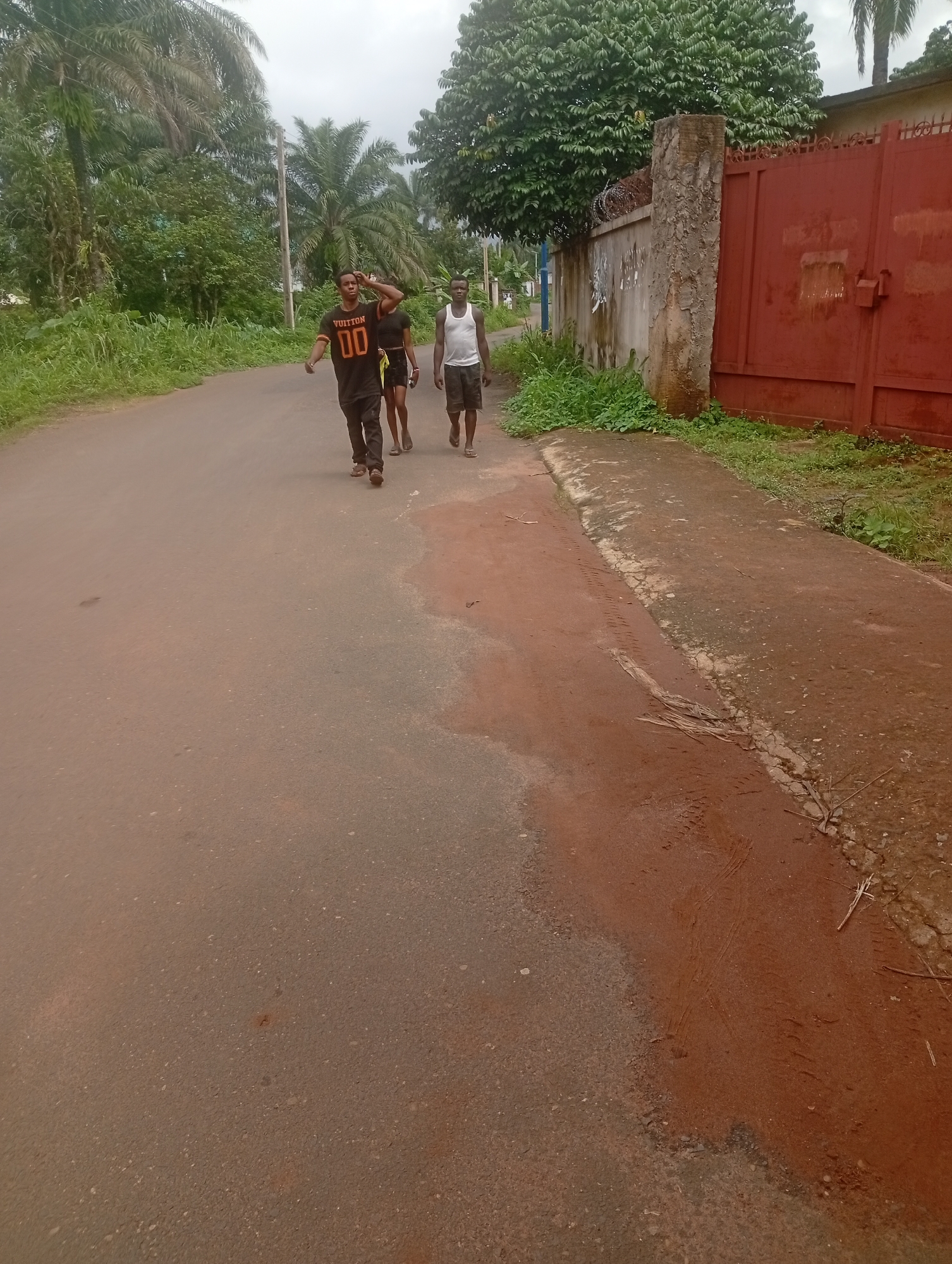Three young men are walking on a paved road in Akokwa, Nigeria. The man in the foreground on the left is wearing a black t-shirt with "VUITTON 00" in orange lettering, black pants, and sandals. He is looking back over his left shoulder. To his right, a second man, partially obscured, is wearing a dark shirt and shorts. The third man, on the far right, is wearing a white tank top and patterned shorts, and is also wearing sandals. They are walking away from the camera. The road is asphalt and appears to be in good condition, with a reddish-brown dirt shoulder on the right side of the image. Lush green vegetation, including palm trees and dense foliage, lines the left side of the road. On the right side, a tall, textured stone pillar marks the entrance to a property with a large, rusted red metal gate and a concrete wall topped with barbed wire. The sky is overcast. The scene suggests a casual outdoor activity in a semi-tropical environment.