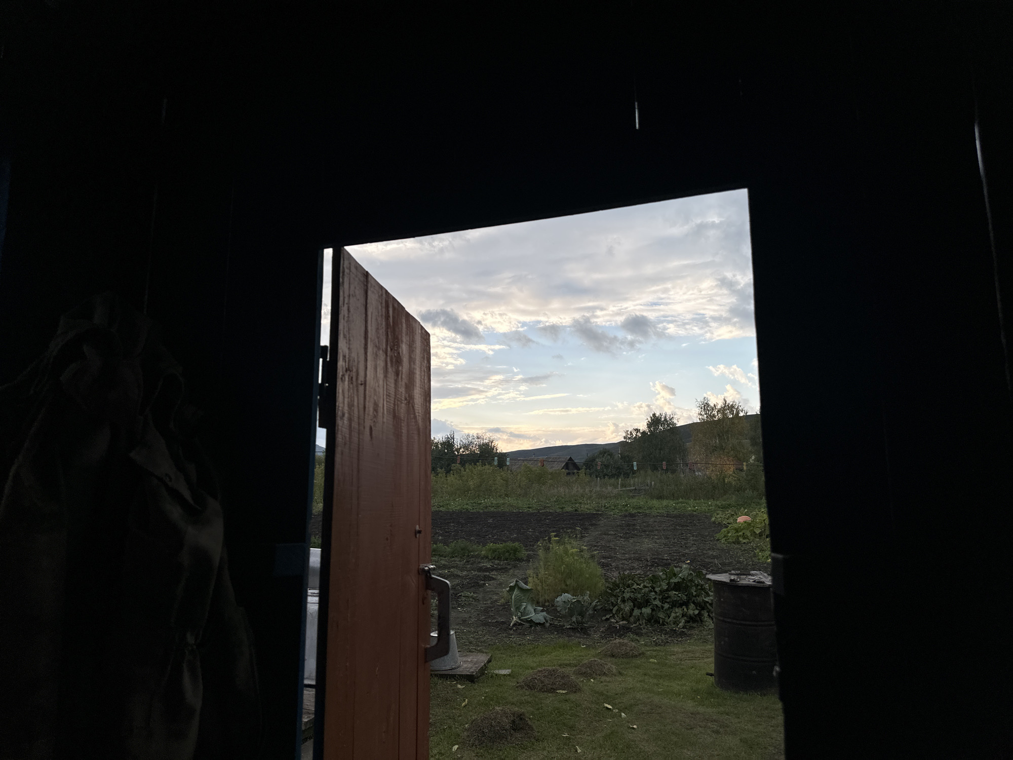 The image depicts an outdoor scene viewed through an open doorway, likely from within a shed or outbuilding. The foreground is dominated by darkness, with a portion of a dark garment hanging on the left side and a wooden door frame on the right. The door itself, painted brown, is ajar, revealing the scene beyond.
The exterior environment appears to be a rural or semi-rural setting, possibly a garden or allotment. A tilled plot of dark soil occupies the mid-ground, with some green vegetation visible. To the right of this plot, a large, dark barrel stands on the grass. Further in the background, there are trees, low structures that could be houses, and a clothesline with clothespins. The sky is visible above, filled with a mix of white and gray clouds against a pale blue backdrop, suggesting it might be late afternoon or early evening. The general impression is one of a functional outdoor space, perhaps a backyard or communal garden area. The location is specified as a city in Russia.