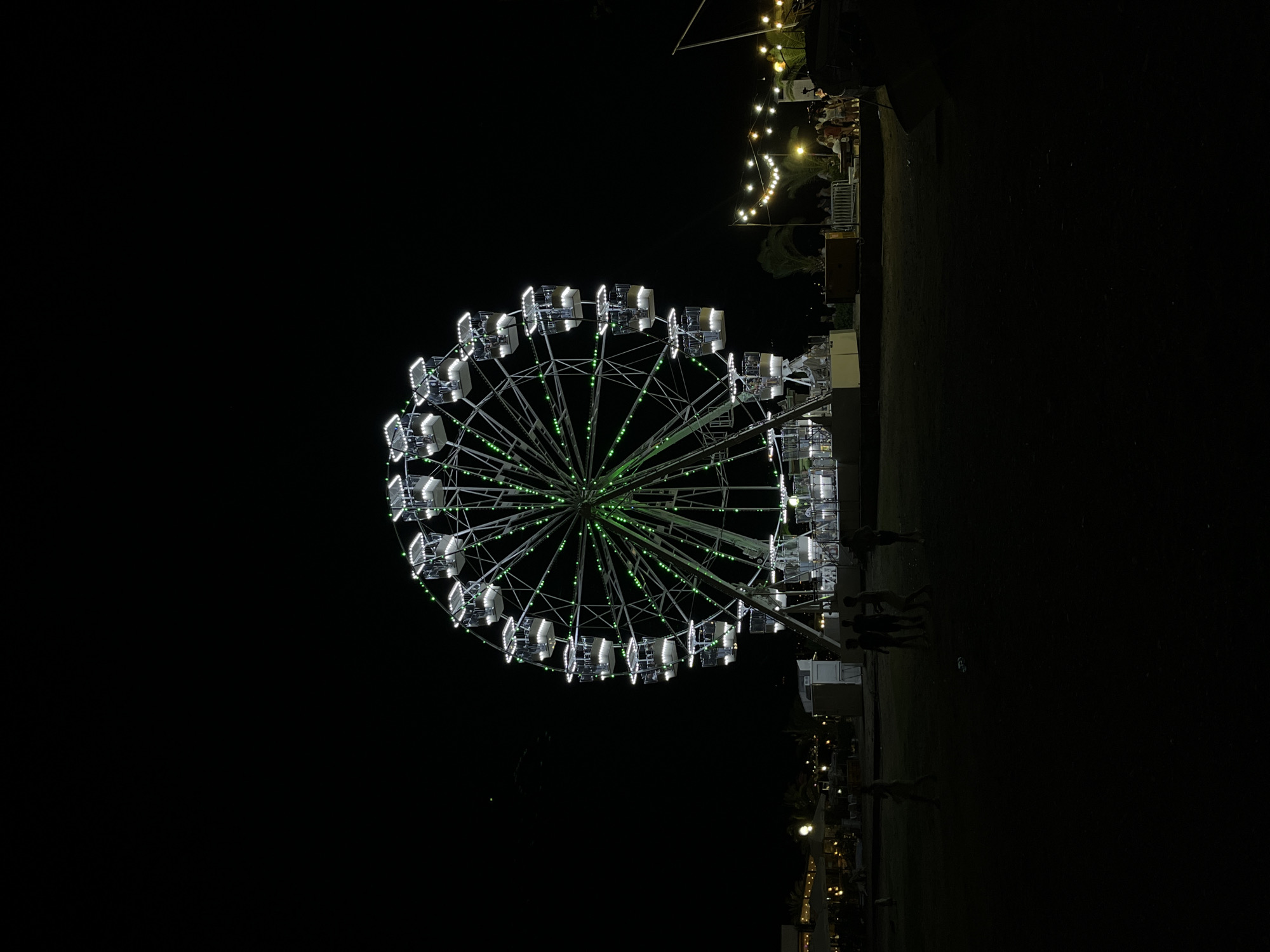A Ferris wheel with white cabins and green lights is illuminated at night. The Ferris wheel is centrally located in the frame. In the foreground, several dark silhouettes of people are visible, some of whom appear to be walking. In the background, there are more lights, suggesting a populated area with stalls or other attractions. String lights are also visible in the background, adding to the festive atmosphere. The ground is dark and appears to be covered in grass or sand. The overall scene suggests a nighttime amusement or fairground in Budva, Montenegro.