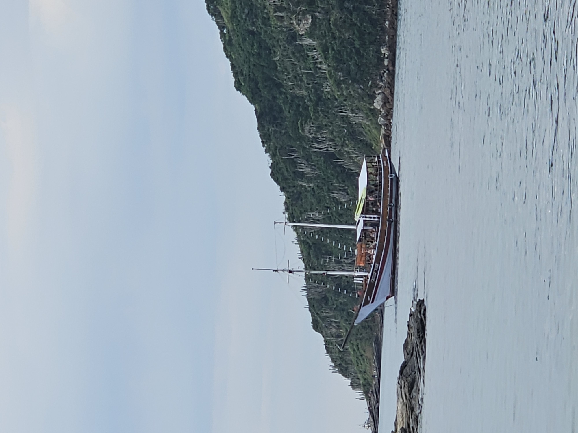 The image shows a ship sailing near a rocky coastline with a lush green hillside in Armação dos Búzios, Brazil. The sky is overcast, and the water is calm with slight ripples. The ship is a classic design, possibly a tourist vessel. It is positioned to the right of the image, with the hillside rising behind it. In the foreground, there is a rocky outcrop in the water.