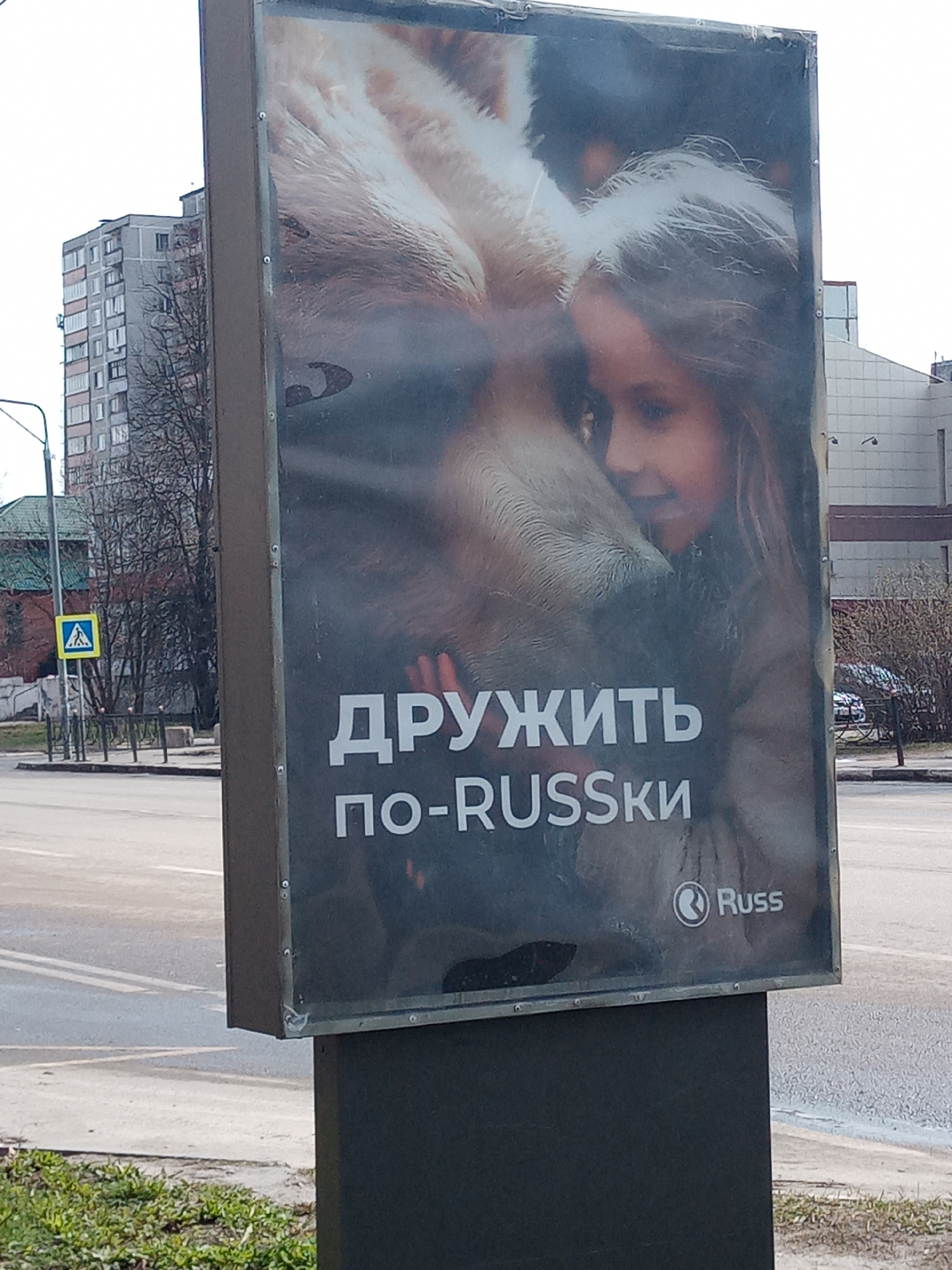 The image depicts a billboard in Elektrostal, Russia, showcasing an advertisement. The ad features a close-up image of a child embracing what appears to be a large dog or possibly a bear cub. The text on the billboard reads "Дружите по-RUSSKI," which translates to "Befriend the Russian way" or "Make friends the Russian way." Beneath the text is the logo "Russ." The billboard is mounted on a dark-colored post and positioned along a street. In the background, a multi-story apartment building is visible, along with other buildings and vegetation. A pedestrian crossing sign is also seen near the road.