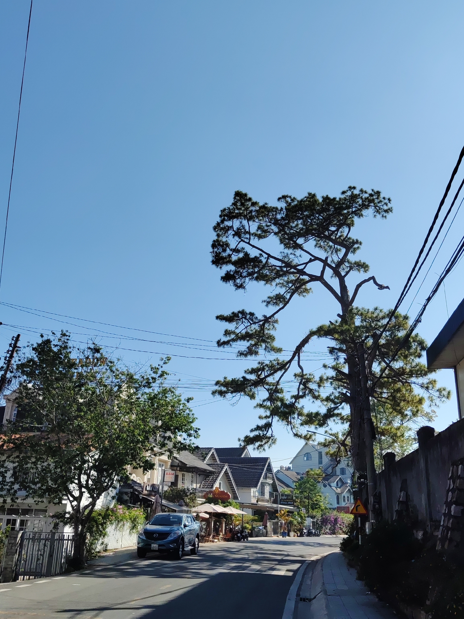 An eye-level, outdoor shot shows a street scene in Da Lat, Vietnam. The sky is clear, cloudless, and bright blue. In the midground, a road curves gently to the right. A grey pickup truck is driving on the left side of the road, facing the viewer. Buildings in various pastel colors and with dark, sloping roofs line the left side of the road. Some have awnings. A grey fence is on the edge of the road, obscuring part of the buildings. On the right side of the road, a large tree and a grey wall are visible. Overhead, power lines run across the scene, intersecting the sky and trees. A small yellow street sign is posted on the right side of the road. People are walking and sitting near a cafe on the left side of the street.