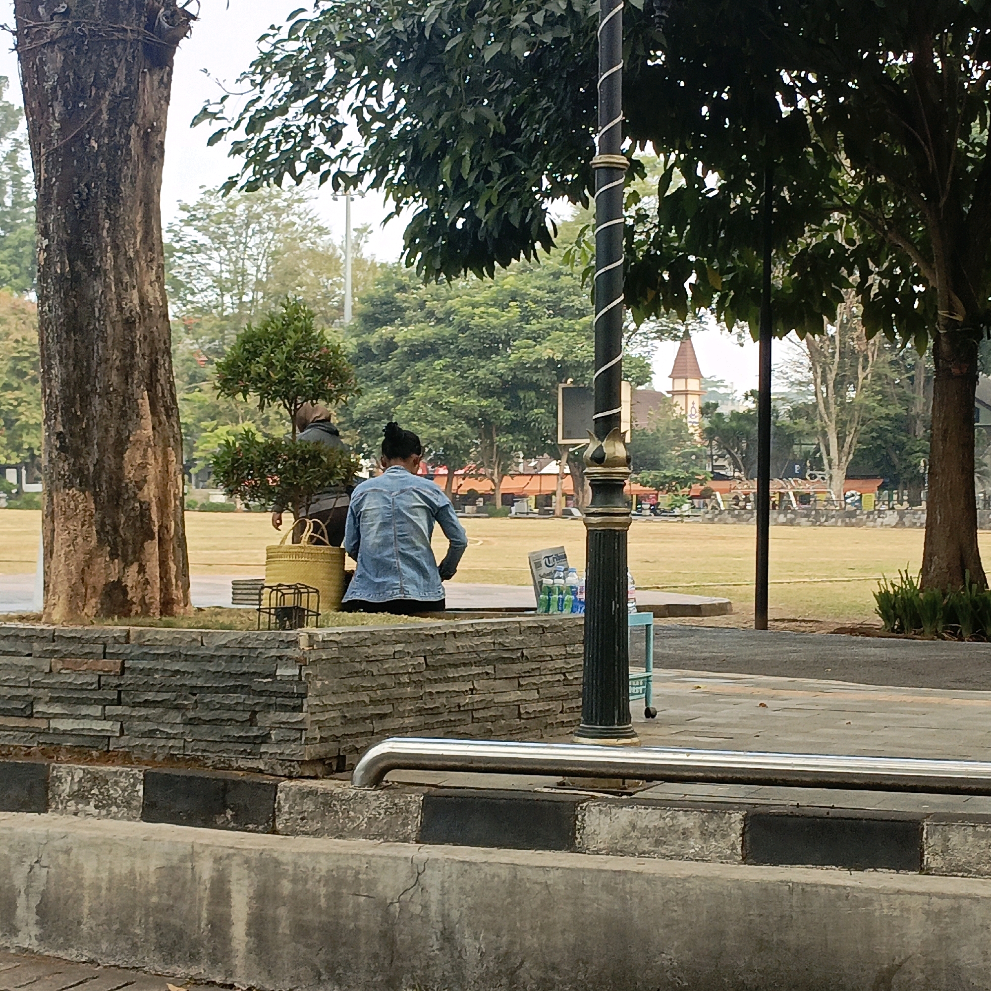 The image shows an outdoor scene in the city of Salatiga, Indonesia. In the foreground, a textured stone wall with black rectangular blocks at its base is visible, with a silver metal pipe arching over it. Further back, a person is seated on a low wall, wearing a denim jacket and facing away from the camera. Next to them is a woven yellow basket and a small cage-like metal structure. A second person, wearing a headscarf, is seated to the left, partially obscured. Behind them, a grassy field stretches towards a row of buildings, one of which has a distinctive brown spire. Trees are scattered throughout the scene, with one large tree trunk dominating the left side of the image. A decorative lamp post stands to the right of the seated person. The lighting suggests it is daytime, possibly overcast.