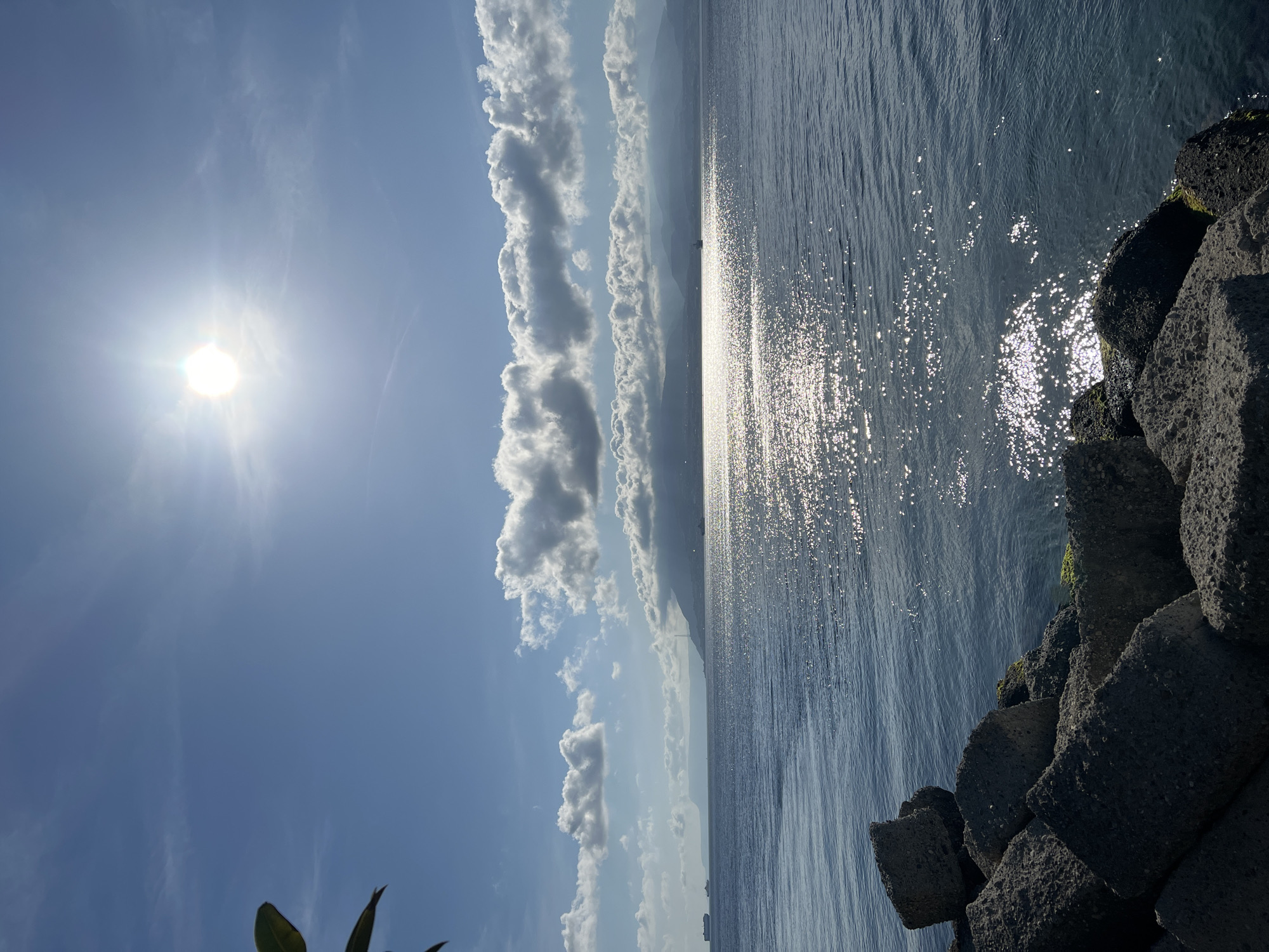 A wide-angle landscape photograph depicts a sunlit coastal scene in Messina, Italy, under a clear blue sky. The upper third of the image features a bright, circular sun in the upper-center-right, producing a strong glare and radiating light. Scattered wispy clouds are visible in the upper sky, while a more prominent, horizontal band of cumulus clouds occupies the mid-sky, positioned above a distant, hazy mountain range that stretches across the horizon.
The middle and lower portions of the frame are dominated by a calm, deep blue-grey sea. The sun's intense light creates a shimmering path of thousands of small, sparkling reflections on the water's surface, extending from the horizon towards the viewer. Along the distant horizon, two large vessels, likely cargo ships or ferries, are visible on the far left. A smaller, darker vessel is silhouetted further right, closer to the sparkling sun path.
In the foreground, occupying the bottom and lower-left sections of the image, is a prominent pile of large, dark grey, irregularly shaped concrete breakwater rocks, some exhibiting patches of green algae or moss. The partial view of a green leaf from an unseen plant is visible in the extreme upper-left corner of the frame. No people or animals are visible.