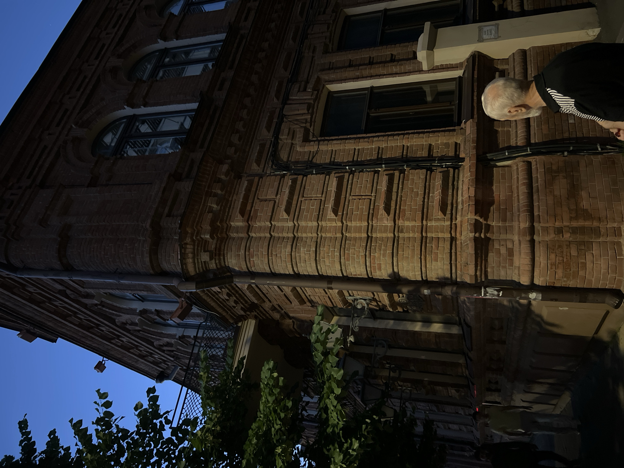The media file depicts an upward-angled view of an old brick building at dusk. A man with gray hair, wearing a black shirt with a striped collar, is partially visible on the right side of the frame, bending over. The building's facade is adorned with decorative brickwork and features multiple windows, some with arched tops. Black electrical conduits run along the brickwork. Lush green foliage is present in the foreground, partially obscuring the lower section of the building. The sky is a deep blue, indicating it is either early evening or early morning. A small plaque with the number "119" is visible on the upper part of the building, near a white architectural element. The scene appears to be outdoors, likely on a street or courtyard. The lighting suggests artificial light sources are present, illuminating the building's details. No specific activity is clearly discernible, beyond the man's posture. The overall mood is somewhat subdued due to the low light conditions. The location context is Krasnodar, Russia.