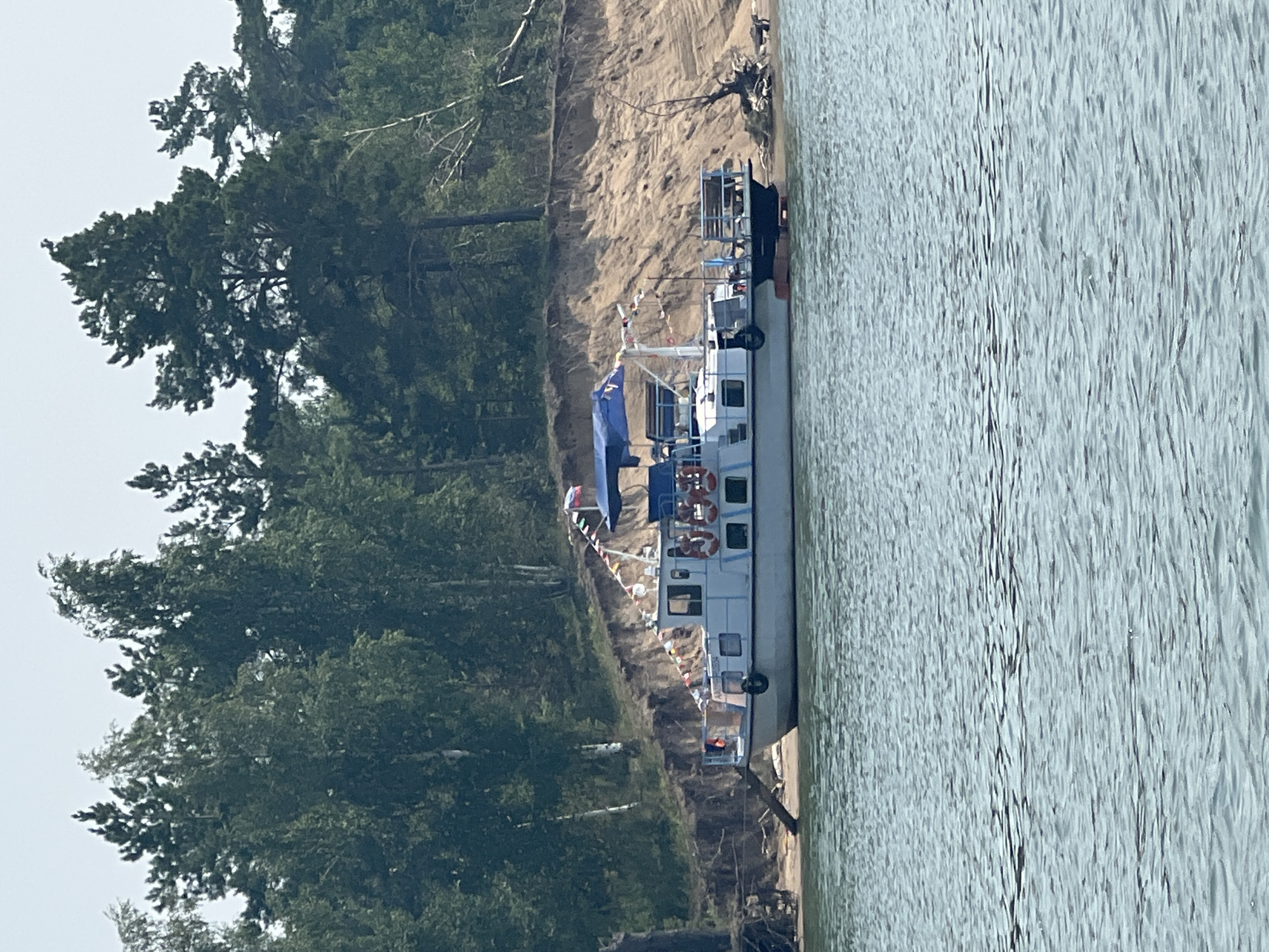 The image shows a white boat docked on the shore of a body of water. The boat is decorated with a string of colorful flags and has a blue canopy. There are several life preservers visible on the side of the boat. In the background, there is a sandy embankment with trees growing on top. The water is rippled and appears to be calm. The overall scene suggests a leisurely day by the water. The location is not identifiable as Borovoe, Russia.