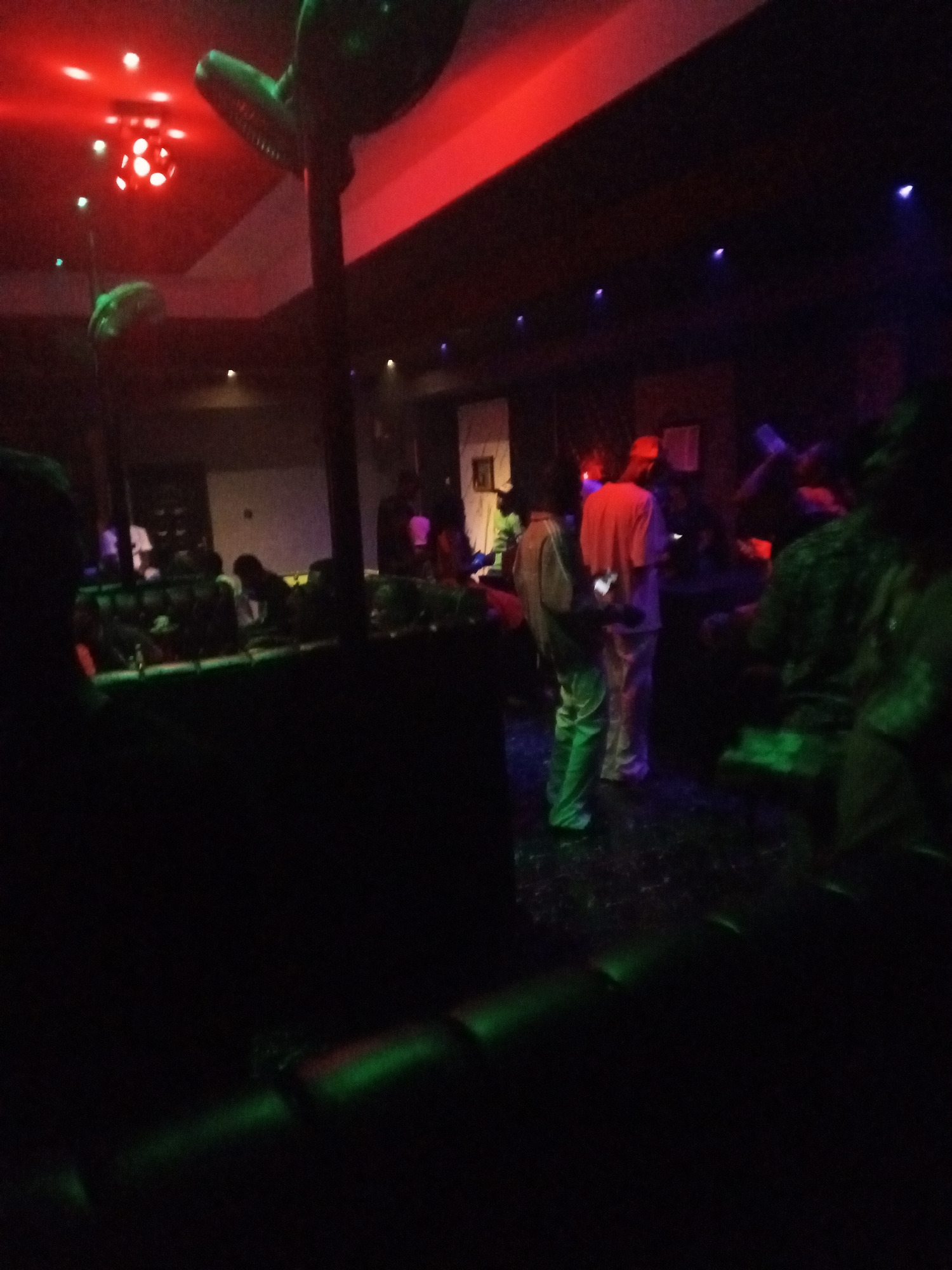 The image depicts a dimly lit interior, possibly a nightclub or lounge, located in Lokoja, Nigeria. Multiple people are present, some standing and interacting, while others are seated in the background. The lighting is characterized by red and blue ambient lights, creating a dark and colorful atmosphere. Some patrons are holding what appear to be phones. The foreground shows a dark, likely cushioned, seating area. A decorative element resembling a cactus is visible.