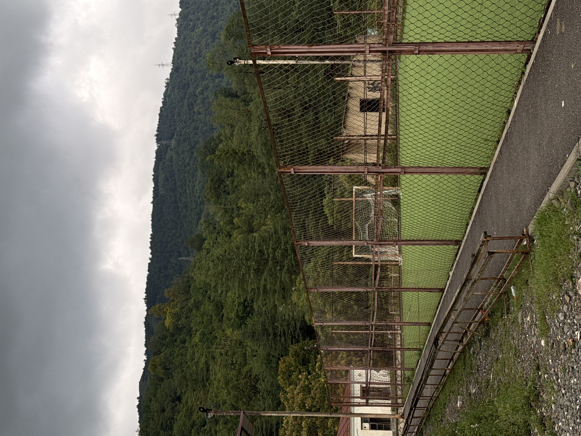 This is a medium-distance, eye-level, vertical photograph of a weathered outdoor football pitch in Abkhazia, Georgia. The pitch has a bright green artificial turf surface and is enclosed by a rusty chain-link fence. Behind the fence, on the left, is a low, light-colored building with a brown roof and dark windows. Further back, on the right side of the pitch, is a dilapidated, light-brown structure with a dark doorway. A football goal with a white net is visible in the background on the left. The pitch is set against a backdrop of densely forested, rolling hills under a heavily overcast, grey sky. A power line tower is visible on the crest of the hills in the distance. In the foreground, to the left of the pitch, is a gravel path next to a rusted metal railing, with patches of green grass and some scattered litter.