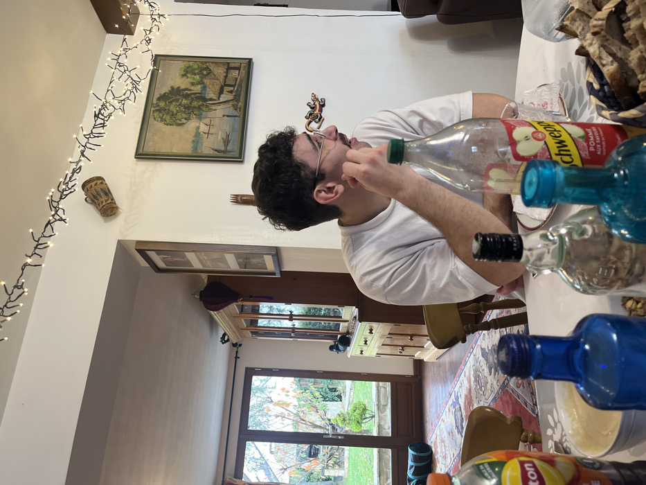 The image depicts an indoor domestic scene set within a residence in Ancenis, France. A single male individual is seated at a table in the mid-ground, observed from the chest up. He wears a white t-shirt, has dark, curly hair, eyeglasses, and a mustache, and is looking towards the right side of the frame with his right hand near his chin.
The table in the foreground is covered with a white tablecloth and features several items. These include a partially empty Schweppes Pomme (apple) bottle with a red label, a Lipton Ice Tea (peach) bottle, and multiple empty or near-empty glass bottles of varying colors (blue, clear, and one labeled "Kraken"). A white bowl containing a light-colored substance and a basket filled with sliced bread are also present on the table.
The background reveals white walls decorated with string lights draped across the ceiling and a wall. A large, wooden hutch with glass cabinet doors and drawers stands to the left, displaying dark figurines, possibly ducks, on a shelf, and a purple decorative lantern hanging from it. A dark-framed picture is mounted above the hutch. To the right of the hutch, a framed painting depicting a landscape with trees, water, and huts hangs on the wall, below which a decorative wooden fork-like object is affixed. A small, patterned, cylindrical vessel is also mounted on the wall near the ceiling. A segment of a brown leather sofa or chair is visible on the far right. The floor consists of wooden planks partially covered by a patterned rug that extends towards a set of double glass doors.
Beyond the glass doors, an outdoor garden is visible. It features green grass, trees with sparse foliage, a sculpted evergreen shrub, and a low stone wall. A blue and black rolled mat or bag lies on the floor near the base of the glass doors.