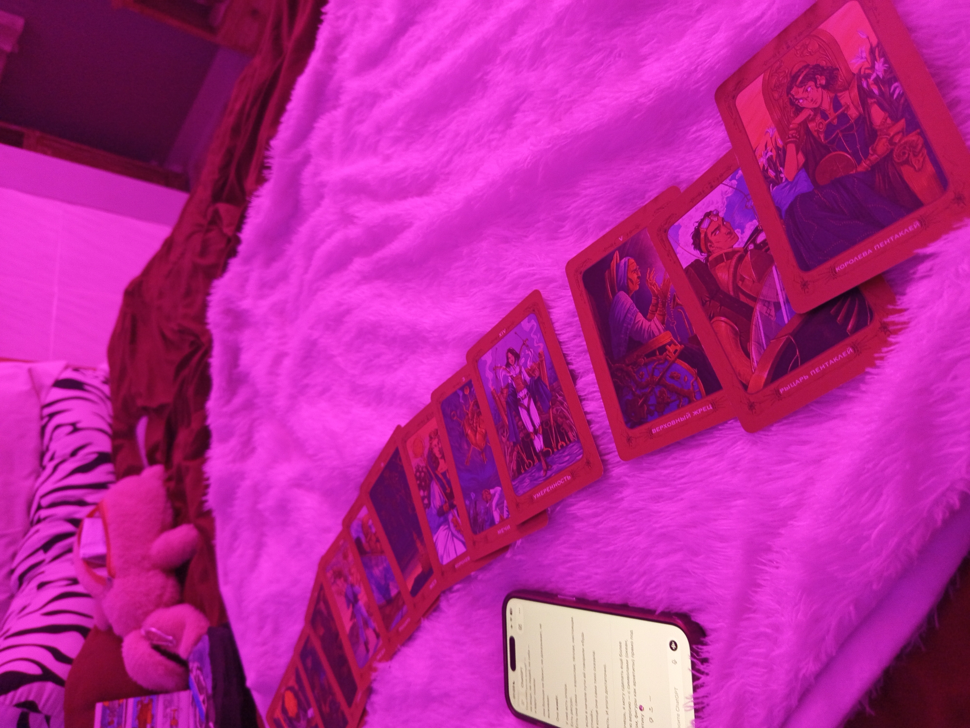 This image captures an indoor scene, likely a personal space such as a bedroom or living area, illuminated by a pervasive magenta or pink light filter. The setting is in North Kuta, Indonesia.
The primary subjects are a series of tarot cards laid out on a soft, fluffy white blanket. The cards, appearing reddish-orange and purple/blue under the colored light, are arranged in two distinct spreads. One spread, fanned out, runs diagonally across the lower left and center, while a smaller cluster of three cards is visible in the upper right. A smartphone, with its screen illuminated, rests face-up on the blanket in the lower right, positioned near the fanned-out cards.
The activity depicted is likely a tarot card reading or a study session related to divination, given the arrangement of the cards and the text displayed on the smartphone.
Notable details include the overwhelming magenta hue that tints almost every object, making their true colors difficult to ascertain. The soft, textured blanket occupies a large portion of the frame, creating a cozy and intimate atmosphere. In the upper left, a darker, possibly maroon-colored fabric element, perhaps a curtain or draped garment, hangs vertically. Further left, partially obscured, is a white pillow with a black zebra stripe pattern, and a light-colored plush toy, possibly a teddy bear, sits next to it.
Visible text on some of the tarot cards (in Russian) includes: "КОРОЛЕВА ПЕНТАКЛЕЙ" (Queen of Pentacles), "РЫЦАРЬ ПЕНТАКЛЕЙ" (Knight of Pentacles), "ВЕРХОВНЫЙ ЖРЕЦ" (The Hierophant), "МЕЧИ" (Swords, likely a suit), and "УМЕРЕННОСТЬ" (Temperance). The smartphone screen displays a conversation, mostly in Russian, with phrases like "есть и этого до", "хочешь, я могу сделать как более", "по версию", and "символами Козари". At the bottom, the English text "сите CharGPT" or "write CharGPT" is visible, suggesting interaction with an AI assistant.