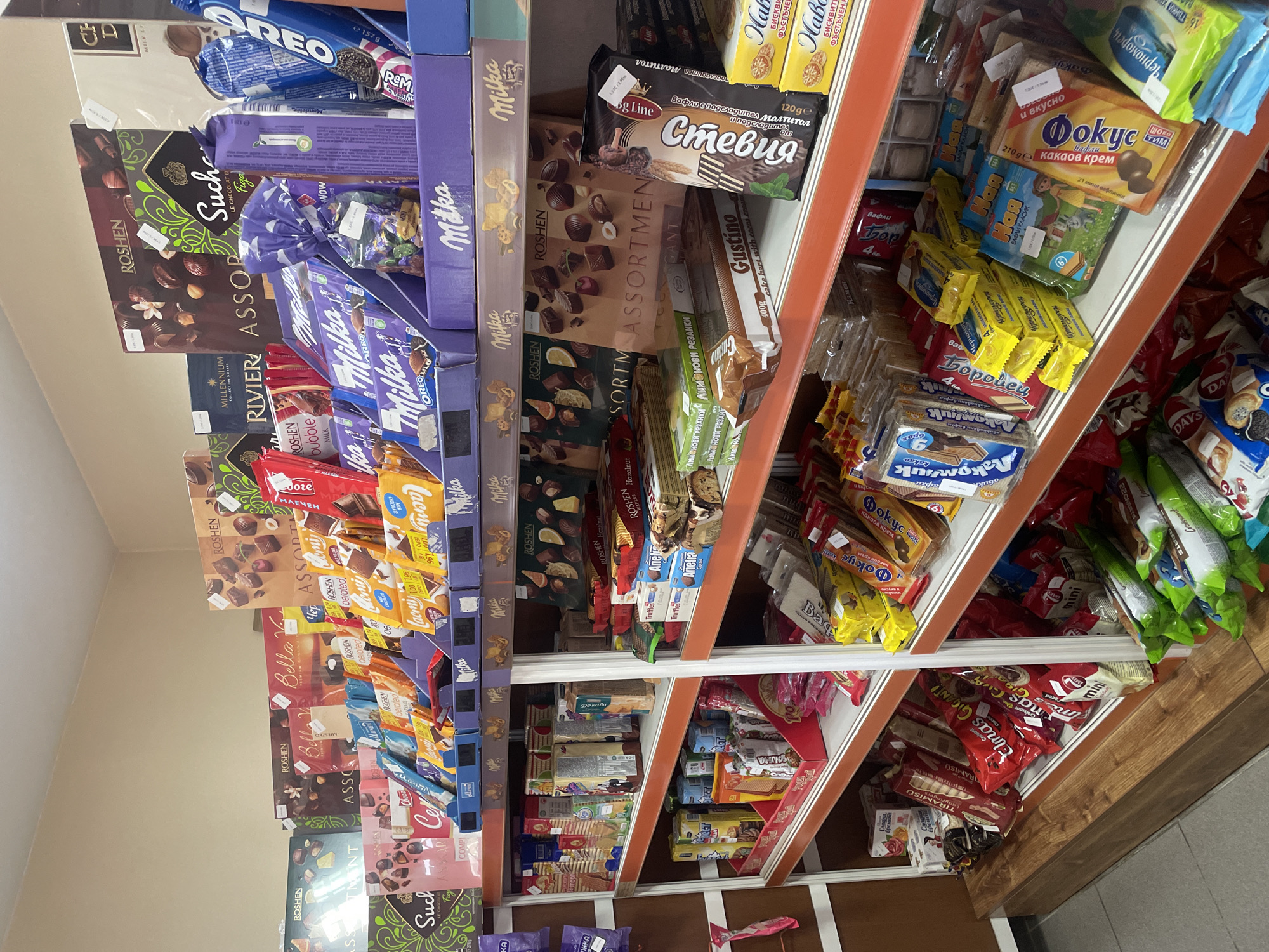 This image captures the interior of a confectionery section within a retail establishment located in Konstantinovo, Bulgaria. The scene is dominated by multiple vertically tiered shelves, constructed from a combination of white metal frames and light brown wooden panels, displaying a dense array of packaged chocolates, wafers, cookies, and other sweet snacks.
The top two visible shelves are predominantly stocked with larger boxes of assorted chocolates and multi-bar packs. Prominent brands include "Roshen" (Assortment, Suchard, Bubble), "Milka" (various flavors including Oreo, displayed in branded purple stands), "Millennium Riviera," "Bella Vita," and "Clasic." Several individual items and chocolate bars are also visible, with some bearing small white price tags displaying figures such as "1.99," "1.20," and "1.26." Purple cellophane bags containing smaller candies are interspersed among the larger packages.
The middle shelves feature a variety of packaged wafers, biscuits, and smaller chocolate bars. Identifiable brands include "Anelia" (Cocoa, Truffles), "Gustino" (cake bars with cocoa cream), "Slebiya" (biscuit bars), "Nag" (wafers), "Focus" (cookies with chocolate filling), "Chernomorets," and "Alimnovi Rezanki" (wafers). These products are arranged in both stacks and red plastic display trays.
The lower shelves, extending towards the floor, contain a further assortment of packaged snacks, including "Elmas Gigant" and "Mini" brand items, as well as multiple green-packaged croissants and other generic snack items.
The store environment features plain, light beige walls and a grey tiled floor, with a wooden kick plate running along the base of the shelving units. Overhead artificial lighting illuminates the products uniformly. No individuals are present within the captured frame.