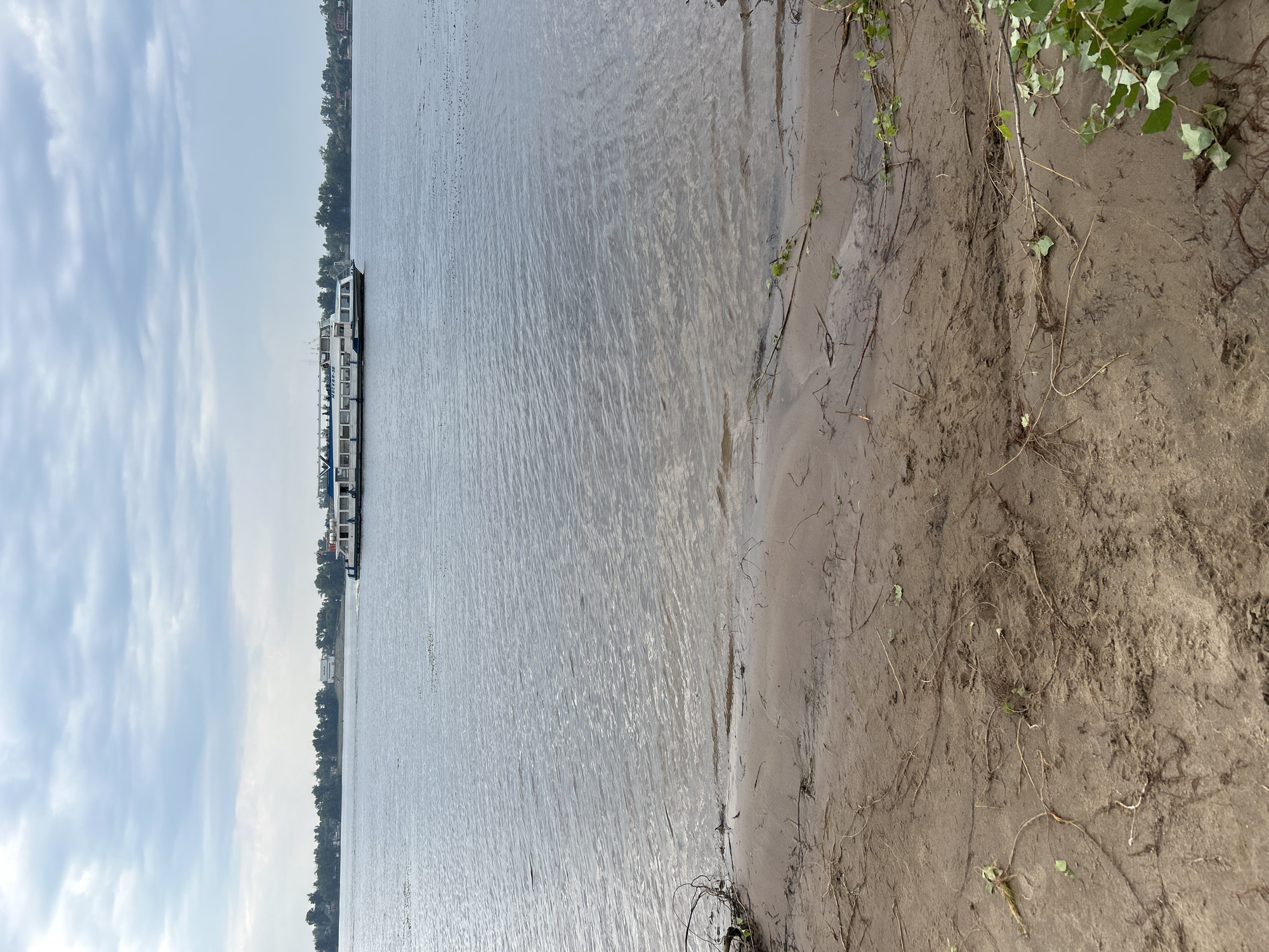 The image shows a wide river under a cloudy sky. In the distance, a white passenger boat with blue accents sails on the water. The riverbanks are lined with trees and some buildings. The foreground of the image is a sandy beach with scattered branches and some sparse vegetation. The scene is likely the Volga River near Novokuybyshevsk, Russia, as indicated by the presence of passenger boats typical of this region and the general landscape.