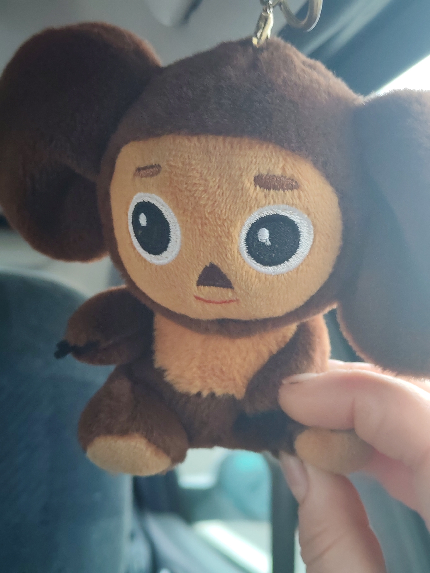 A close-up shot presents a plush toy resembling Cheburashka, a fictional character from Russian children's literature and animation. The toy is primarily brown, with a lighter brown face and chest area. It has large, round eyes with white outlines and a small, triangular nose. The toy is held by a fair-skinned hand with visible fingernails. A keychain attachment is visible at the top of the toy. The background appears blurred and suggests the interior of a car. The location and city are not discernable.