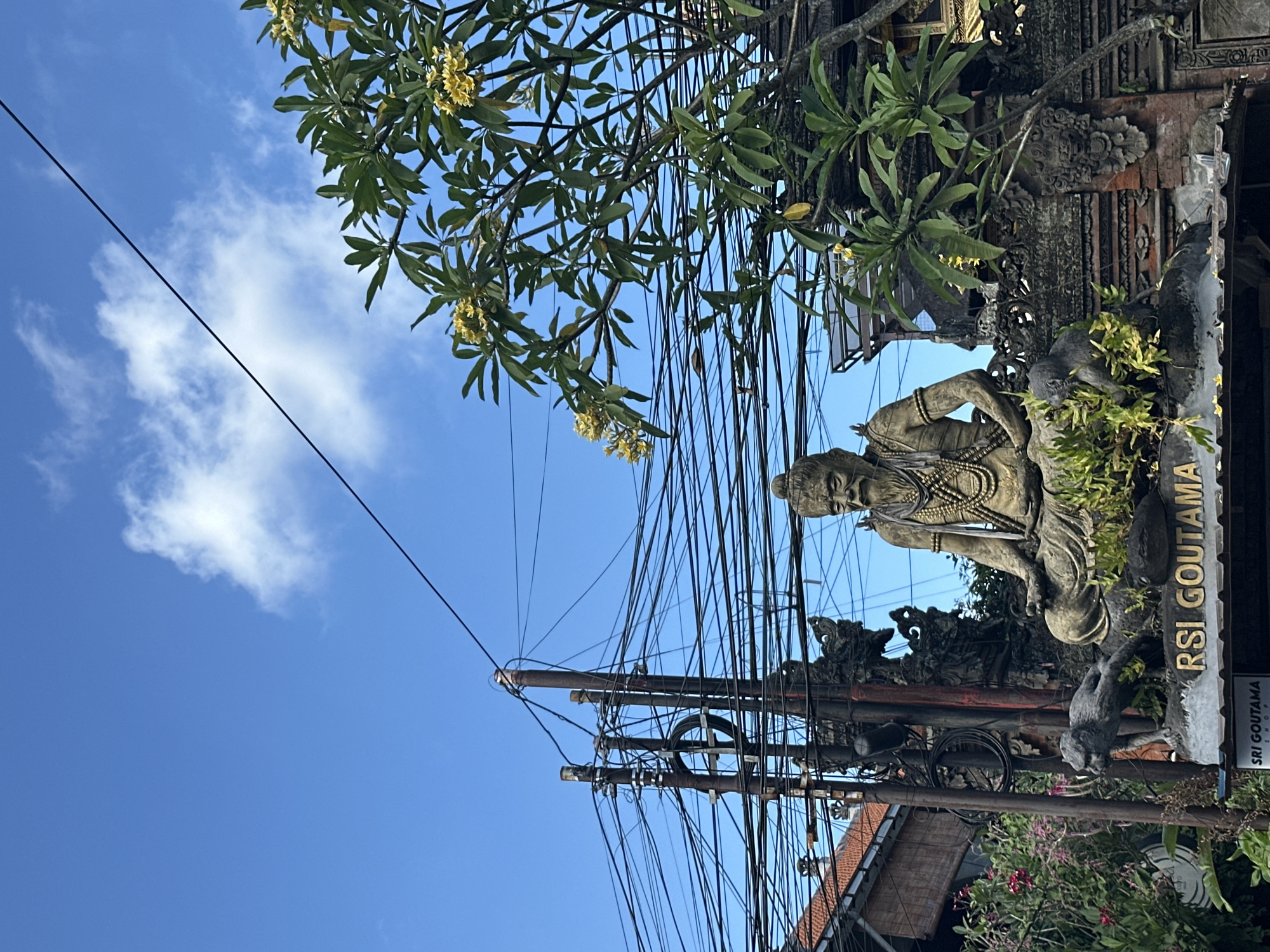 The image depicts a statue of a seated, bearded figure with a serene expression, adorned with beads and bangles. The statue is situated in a courtyard or garden setting, with lush green foliage and flowering plants surrounding it. A sign in the foreground reads "RSI GOUTAMA." In the background, numerous electrical wires crisscross overhead against a clear blue sky with scattered white clouds. The architectural style of the surrounding buildings suggests a location in Southeast Asia, consistent with Ubud District, Indonesia, known for its rich cultural heritage and artistic traditions.