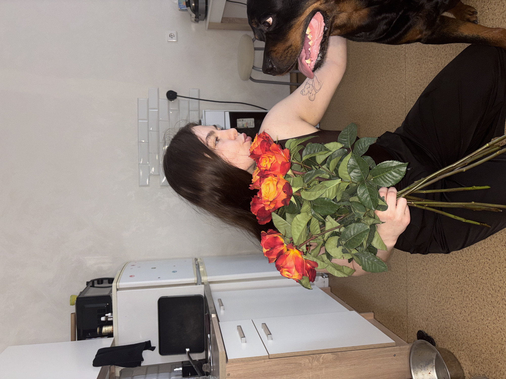 An intimate, horizontally oriented photograph captures a tender moment between a young woman and a Rottweiler dog within an apartment in Perm, Russia. The woman, with long dark hair, is positioned on her side on a light brown carpet or rug, wearing a dark top and pants. She holds a vibrant bouquet of red and orange roses with green foliage. Her gaze is directed upwards towards the large Rottweiler, whose head is prominent in the upper right. The dog appears to be interacting affectionately with the woman, its mouth slightly open with the tongue extended.
The setting is a home interior, likely a kitchen or an adjacent living space. The background features white walls, a section of white subway tile backsplash, and a black wall-mounted lamp. Kitchen appliances such as a refrigerator, a microwave, and possibly a coffee machine are visible on light wooden countertops with white cabinets. An electrical outlet is noticeable on the wall. A metal bowl rests on the floor in the foreground. The lighting suggests an indoor scene, possibly during daytime or with artificial light. The overall mood conveys warmth and a strong bond between the woman and her pet. No discernible text is visible.