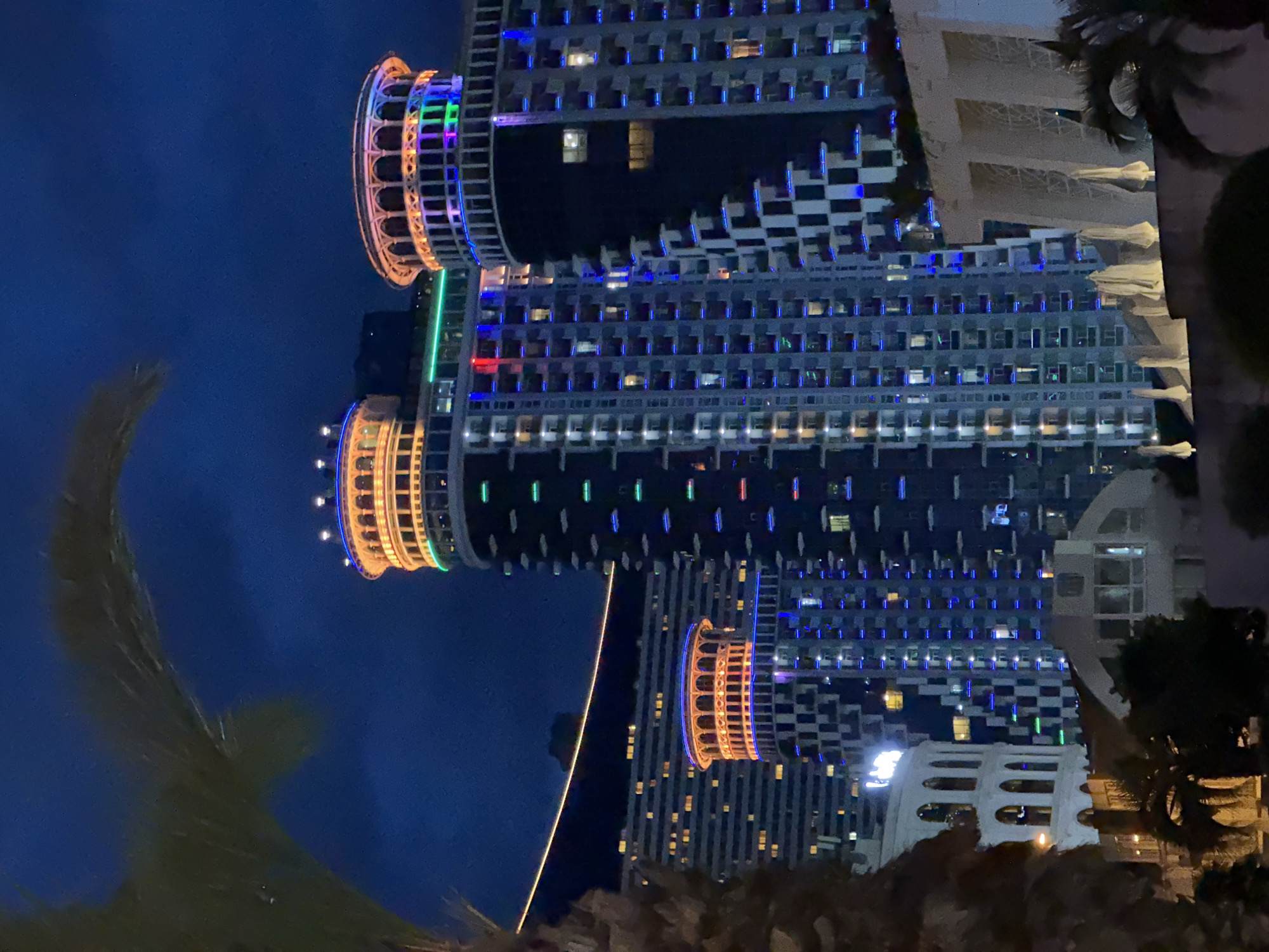 The image shows a night view of modern skyscrapers in Batumi, Georgia. The buildings are illuminated with colorful LED lights. The skyscraper on the right is taller and features a distinctive circular top with arched openings, adorned with orange and purple lights. The skyscraper to its left has a similar circular top, this one lit with orange and blue lights. Both buildings are decorated with vertical rows of blue lights, creating a striking visual effect. In the foreground, a palm frond partially obscures the view. In the background, other buildings are visible, some with horizontal bands of light. The overall scene conveys a sense of urban nightlife and architectural vibrancy.