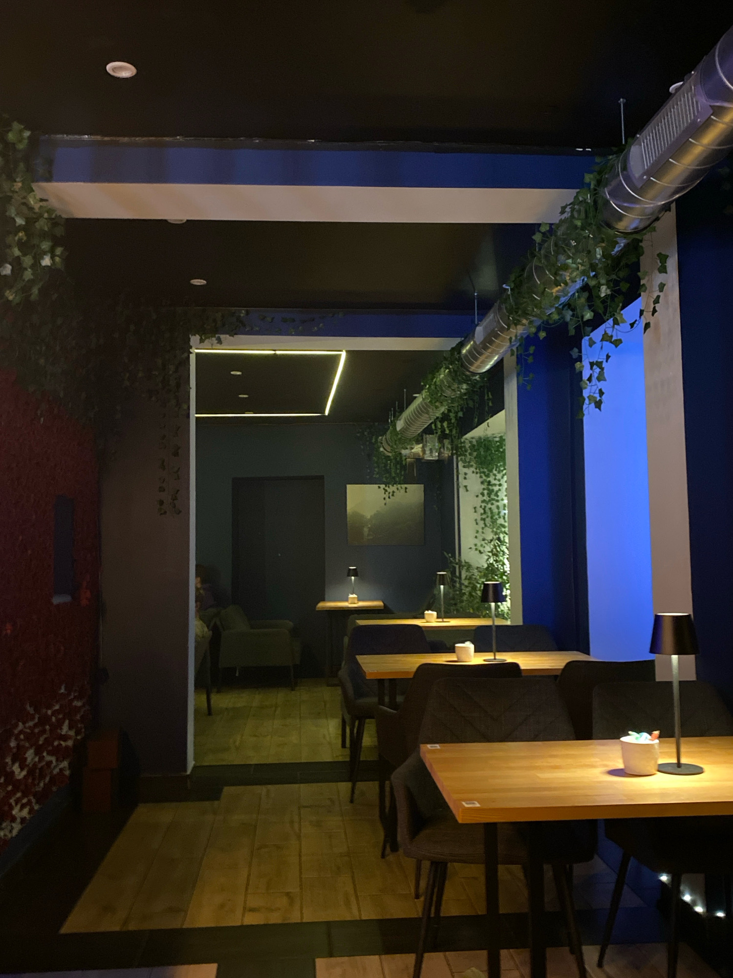 The image depicts the interior of a dimly lit, modern cafe or restaurant. The space is furnished with several wooden tables and upholstered chairs. Each table is equipped with a small black lamp and a decorative item, possibly a small plant or a pot with colored objects. The walls are painted in dark tones, with one wall featuring a textured red surface and decorative artificial ivy trailing down. Another wall is a deep blue, and a large white structural element runs vertically. A large metal ventilation duct is visible along the ceiling, also adorned with artificial ivy. The flooring consists of wooden planks in a light brown shade, transitioning to darker tiles at the entrance. In the background, through an open doorway, another seating area with armchairs and a framed picture on the wall can be seen. The overall ambiance suggests a contemporary and somewhat intimate setting. This location is identified as the "Secret Garden" cafe located in Gliwice, Poland.