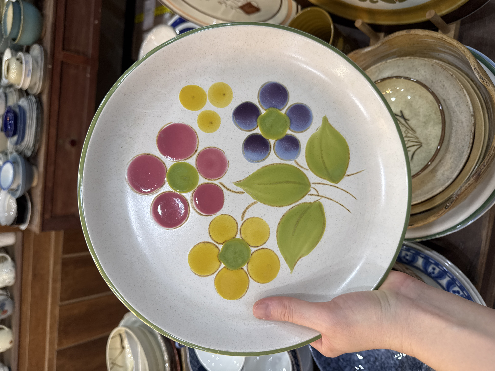 A close-up shot shows a hand holding a white ceramic plate with a green rim. The plate is decorated with a pattern of colorful dots and stylized green leaves, resembling flowers. In the background, a collection of various ceramic dishes, bowls, and cups are stacked on wooden shelves, suggesting a retail environment like a shop in Da Nang, Vietnam.