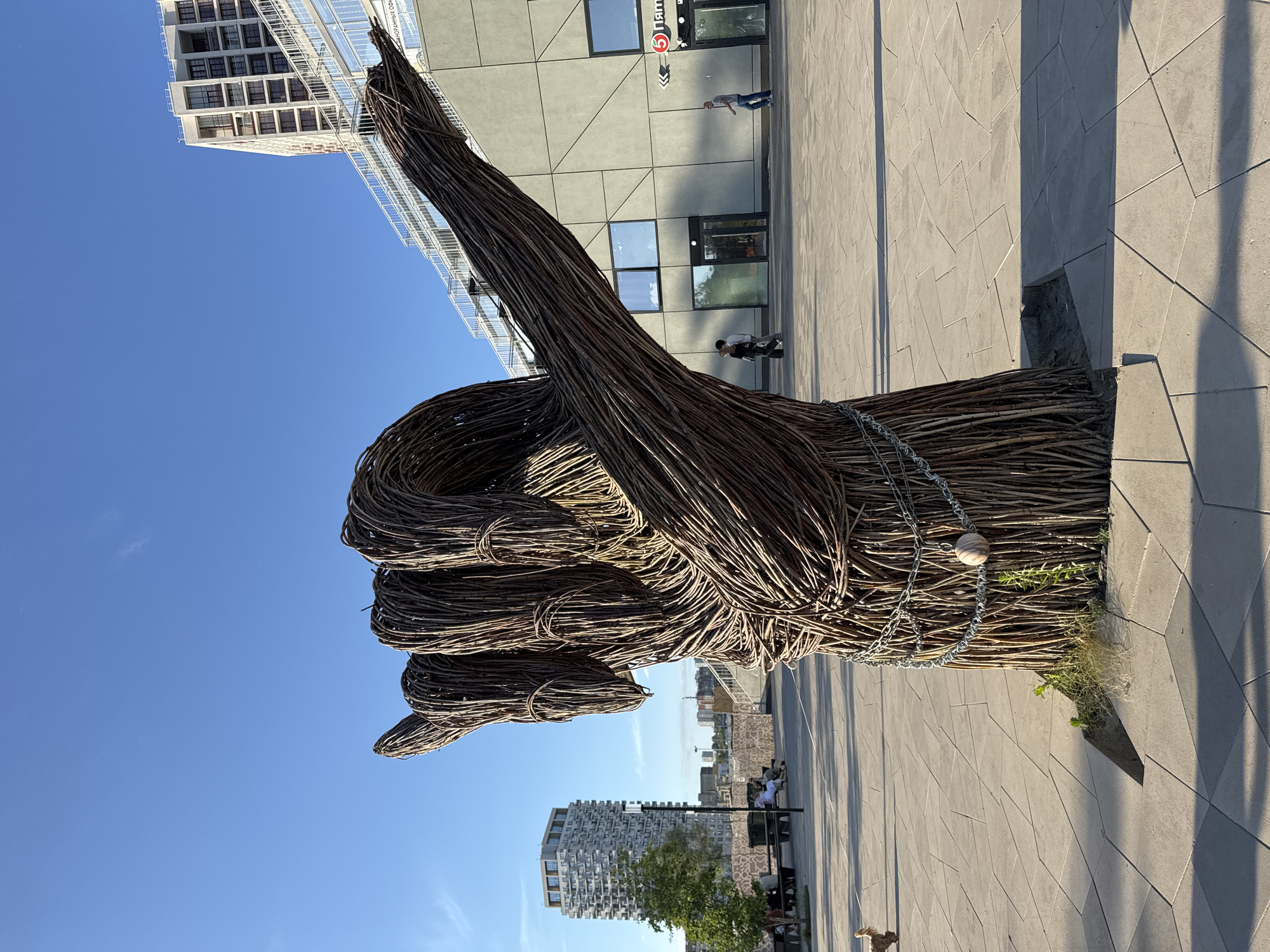 The image depicts a large, woven sculpture of a hand in a "shaka" or "hang loose" gesture, made from branches and twigs. The sculpture is located in an outdoor plaza with a distinctive geometric paving pattern. In the background, modern buildings rise against a clear blue sky, suggesting an urban environment. A woman and two men are visible walking in the plaza, and several people are seated on a bench to the left. The sculpture is partially encircled by a metal chain, and a spherical object hangs from it. To the left of the sculpture, a small dog is walking away from the camera. The scene appears to be set in the city of Novosibirsk, Russia, specifically near the Novosibirsk Opera and Ballet Theatre, which has a contemporary architectural design that matches the background buildings. The lighting indicates it is daytime, with distinct shadows cast on the plaza.