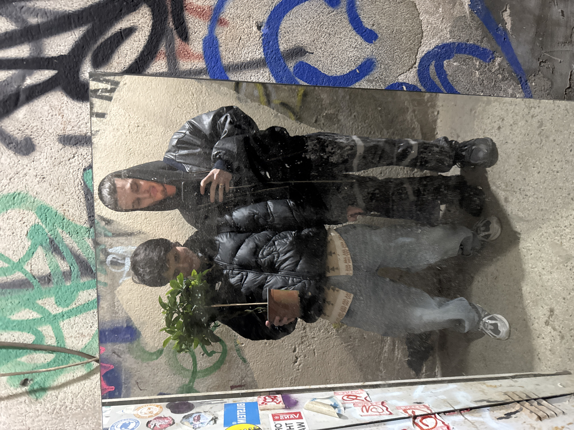 A reflection captured in a mirror shows two figures standing in front of a graffiti-covered wall, possibly in Sofia, Bulgaria. The figures are close together. One figure, reflected in the top half of the mirror, wears a dark jacket and pants. The second figure, reflected in the bottom half of the mirror, wears a dark puffy jacket and light-colored jeans, holding a plant in a small brown container. The mirror also reflects the graffiti on the wall behind the figures, which includes a mix of colors and tags. Stickers cover the base of the wall.