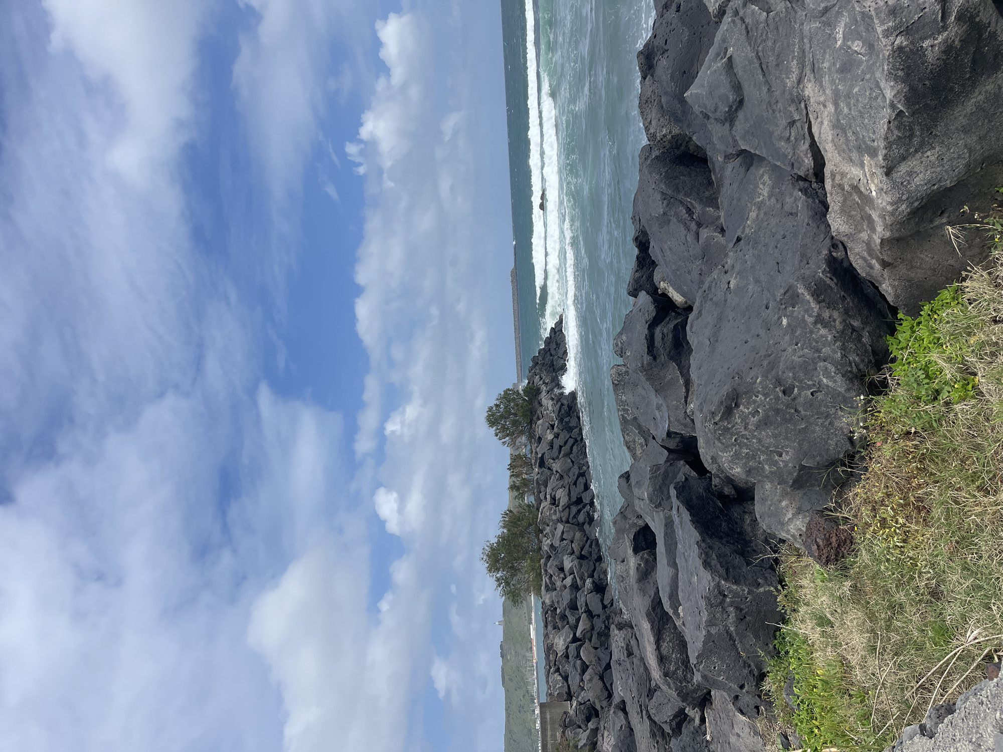 The image depicts a coastal scene in Praia da Vitória, Portugal. A rocky breakwater is visible in the foreground, with black rocks covered in patches of green grass and small vegetation. Beyond the breakwater, the ocean stretches towards the horizon, with white waves crashing against the shore. The sky is blue with scattered white clouds. A few trees are visible growing on the rocks near the coastline. In the distance, a coastline with some buildings and structures can be seen, suggesting the presence of the city.