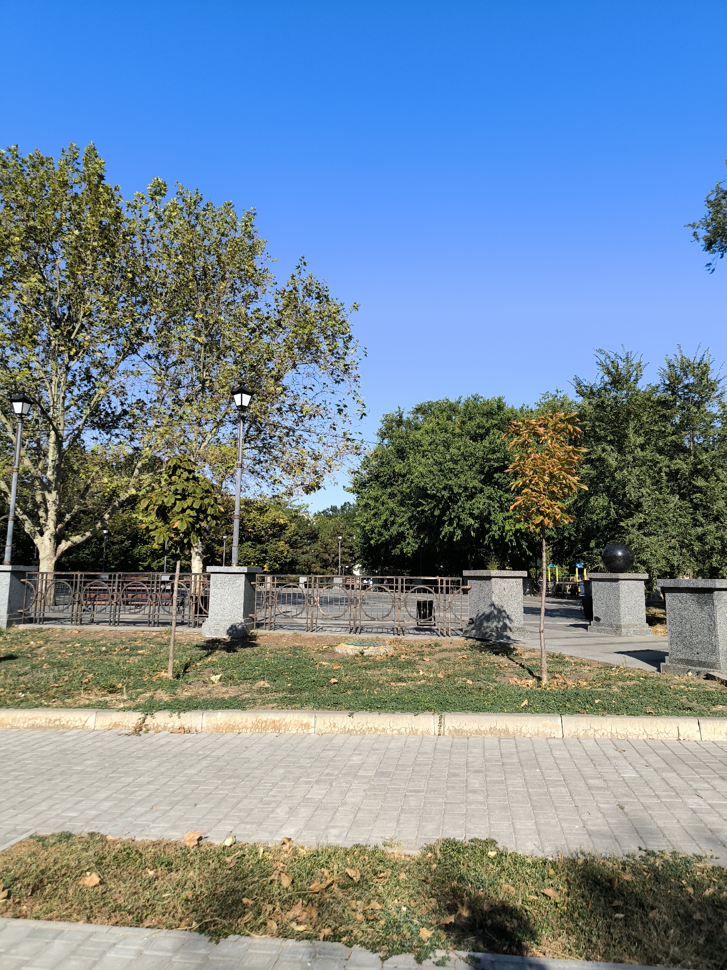 The image depicts a park scene under a clear blue sky. In the foreground, a paved walkway made of grey square tiles runs horizontally across the bottom of the frame. Adjacent to the walkway is a strip of grass with scattered dry leaves.
Behind the walkway and grass, a low metal fence encloses a grassy area with trees. Two lampposts with black lanterns are visible within this area. Several large trees with green foliage dominate the midground, along with some smaller trees. A young tree with orange and green leaves stands out in the center. The fence is supported by decorative stone pillars, some of which have a dark, spherical object placed on top. The background shows more trees and a hint of what might be a playground or other park structures.
The scene suggests a well-maintained urban park. Without additional information or context, the specific location in Mykolaiv, Ukraine, cannot be determined.
