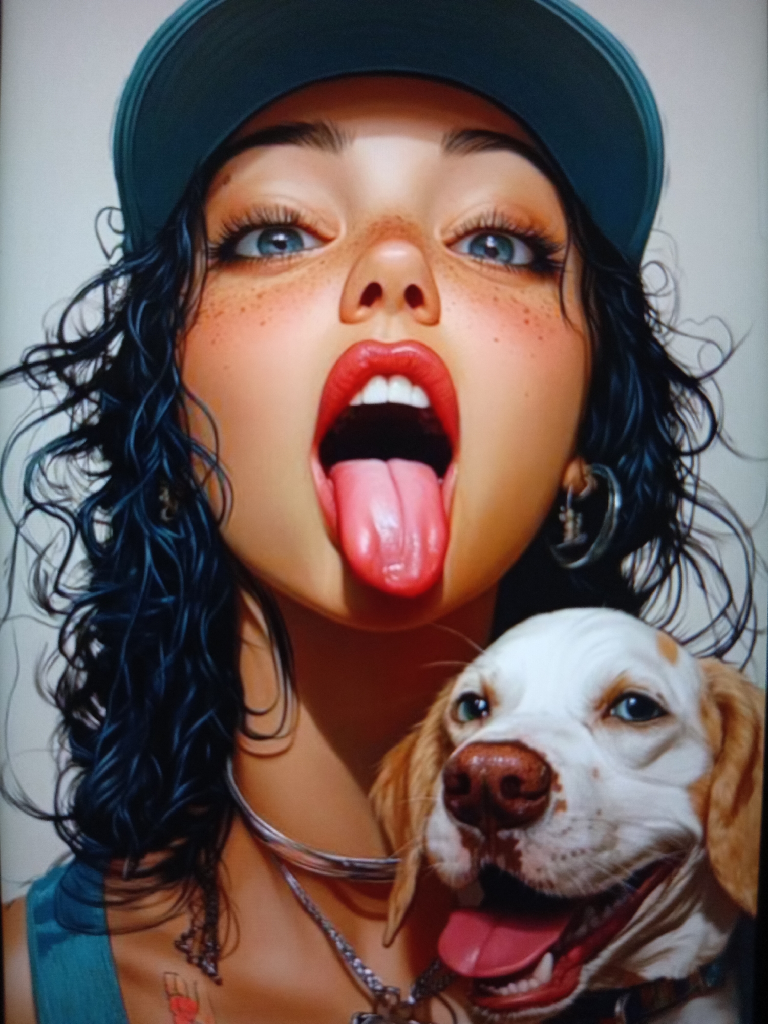 This media file is a close-up, stylized digital illustration featuring a young woman and a dog. The woman, with dark curly hair, is wearing a blue baseball cap and has striking blue eyes and a face adorned with freckles. Her mouth is open wide, with her tongue sticking out, and she is wearing bright red lipstick. She has large hoop earrings and a silver necklace. Below her, a white and tan dog with blue eyes and its tongue also hanging out is visible. The background is a plain, light color. The overall impression is a playful and energetic portrait. There is no discernible text in the image, and no information about the time of day, weather, or specific location is provided. The emotions conveyed are a sense of mischief and lightheartedness.