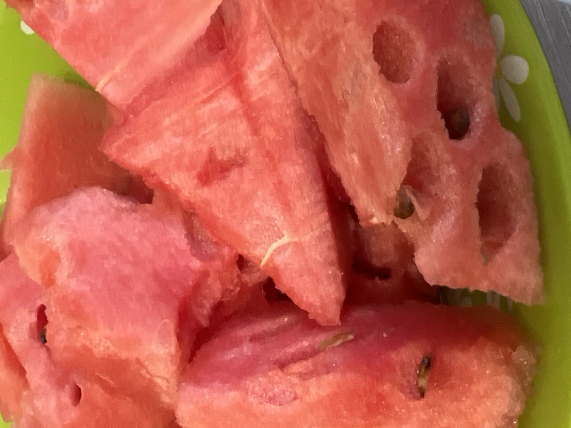 A close-up, high-angle shot depicts multiple pieces of cut watermelon resting on a vibrant green plate. The watermelon slices are irregular, mostly triangular or chunky in shape, showing their bright red, juicy flesh. Several pieces contain visible dark seeds and some lighter, undeveloped seeds or fibrous strands. One piece, towards the top right, distinctly shows a porous texture with small holes where seeds might have been removed.
The green plate, visible along the edges and beneath the watermelon pieces, features a small, stylized white floral design near the top right, consisting of several petals radiating from a central point. The lighting is bright and even, suggesting an indoor setting without strong shadows.
The scene captures a simple moment, likely of a snack or dessert being prepared or consumed. No people are visible, and no specific activity beyond the presentation of the fruit is depicted. There is no visible text in the image. While the location context of Chaikovsky, Russia is provided, no visual cues within the image itself specifically indicate this location.